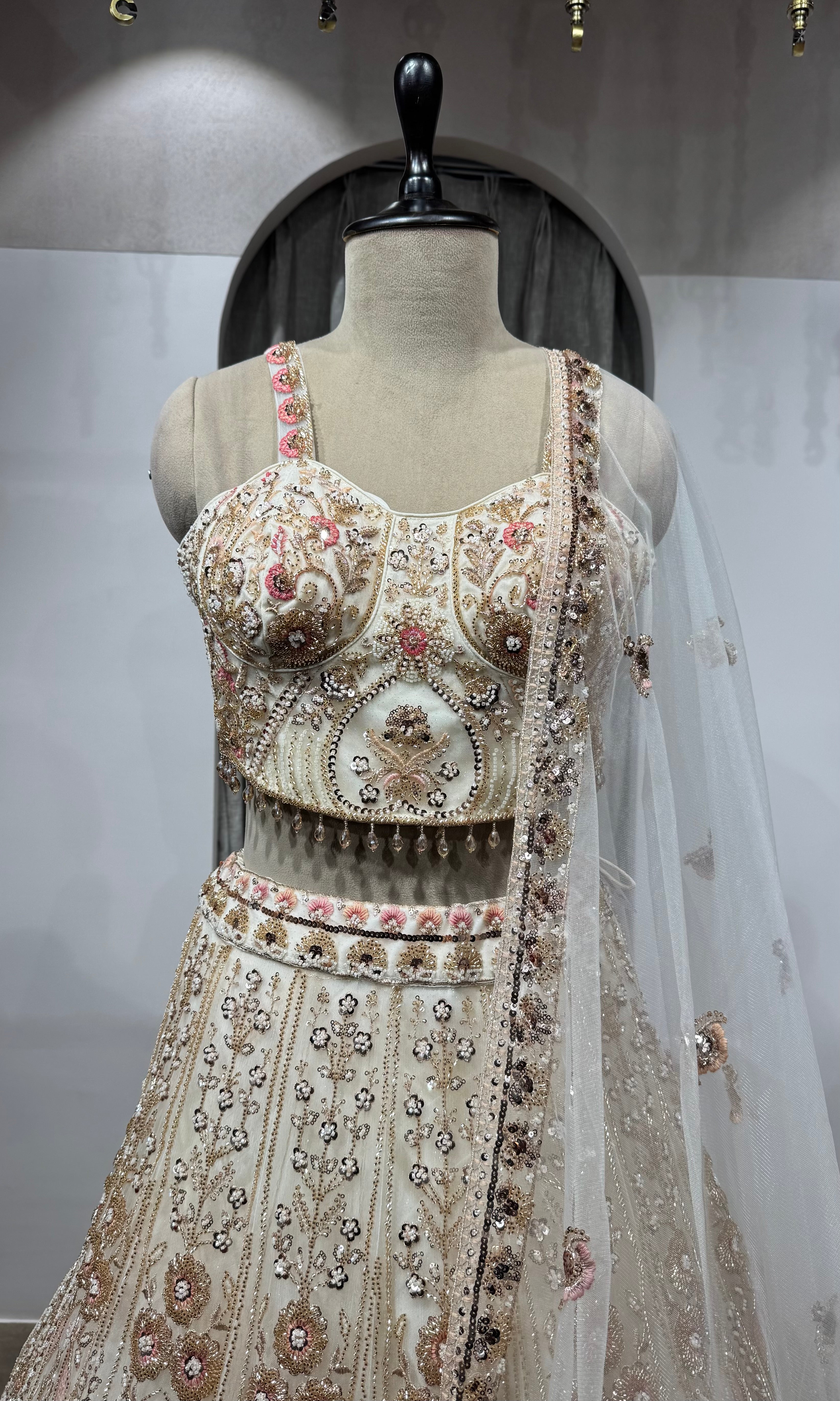 CREAM golden intricate embroidered lehenga