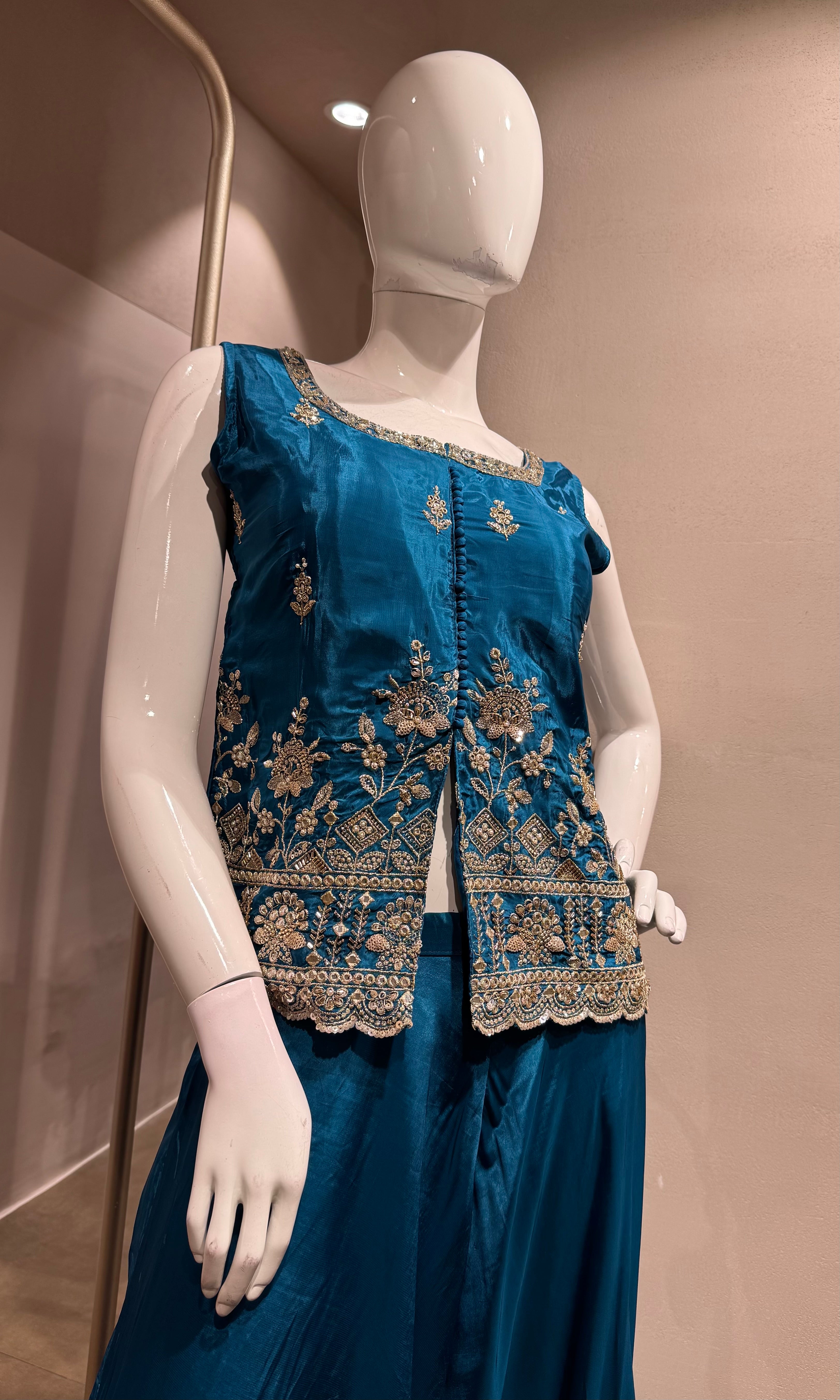 Blue Embroidered Silk Peplum Palazzo Set