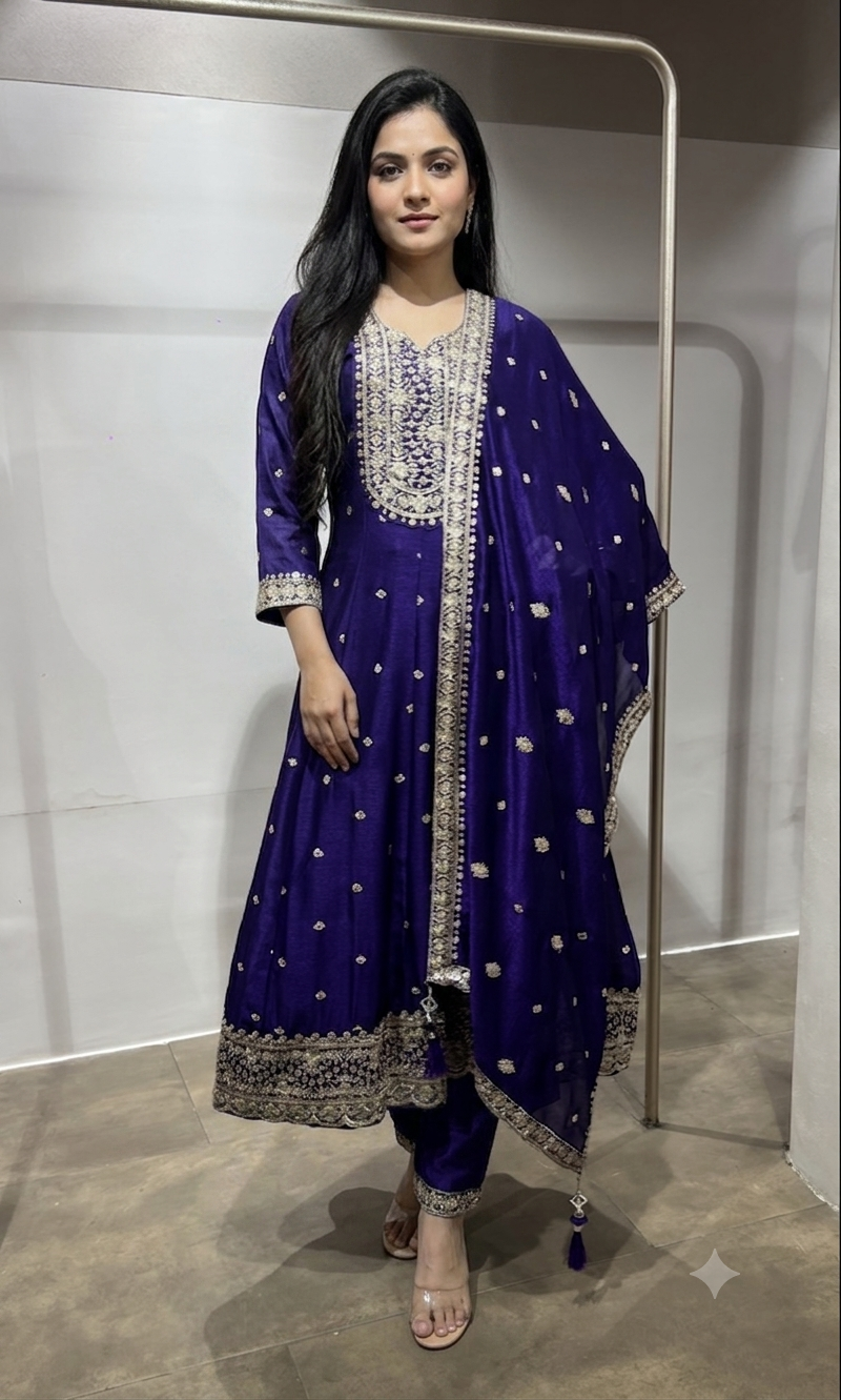 Purple gold embroidered anarkali set