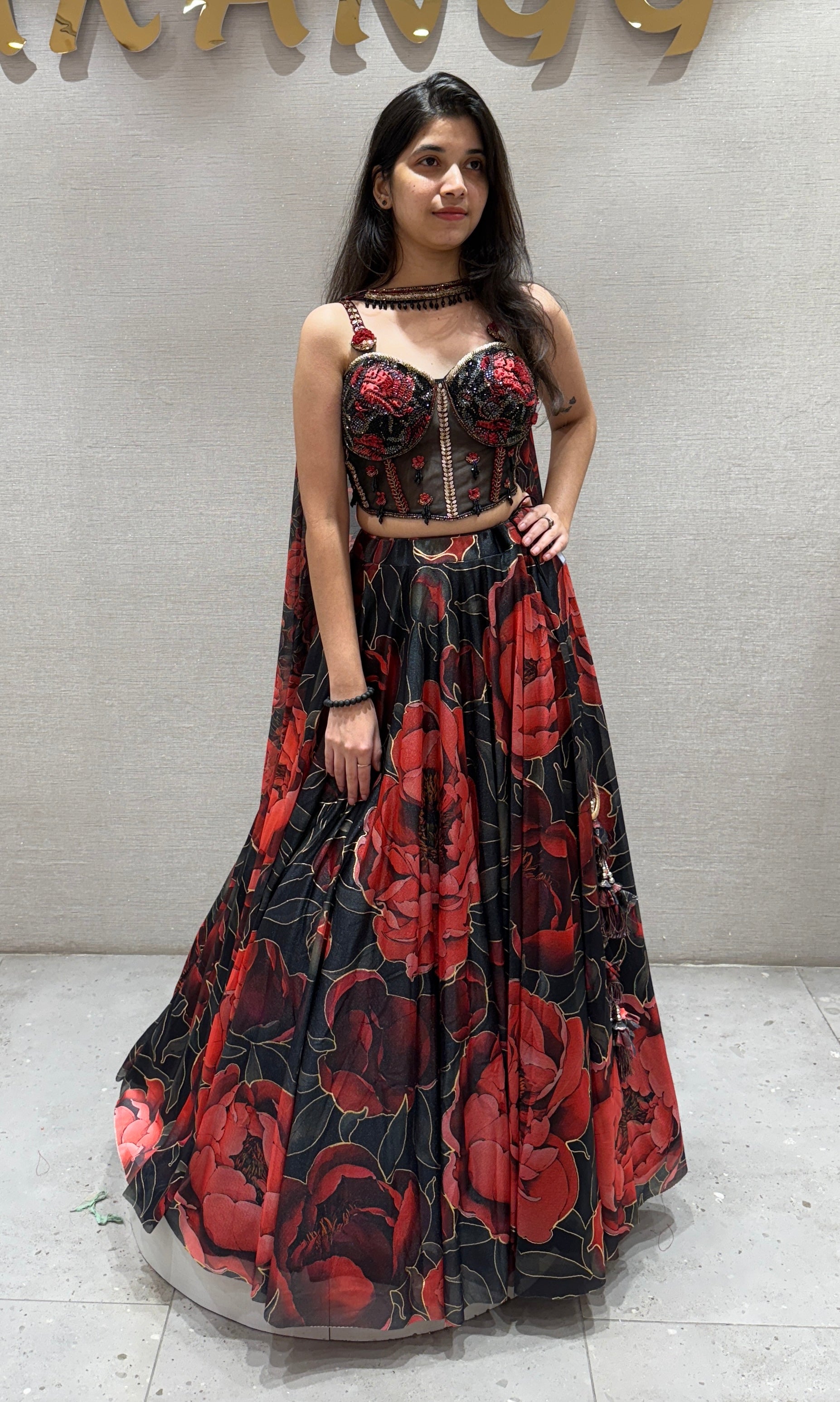 Black Red Floral Printed Lehenga Set