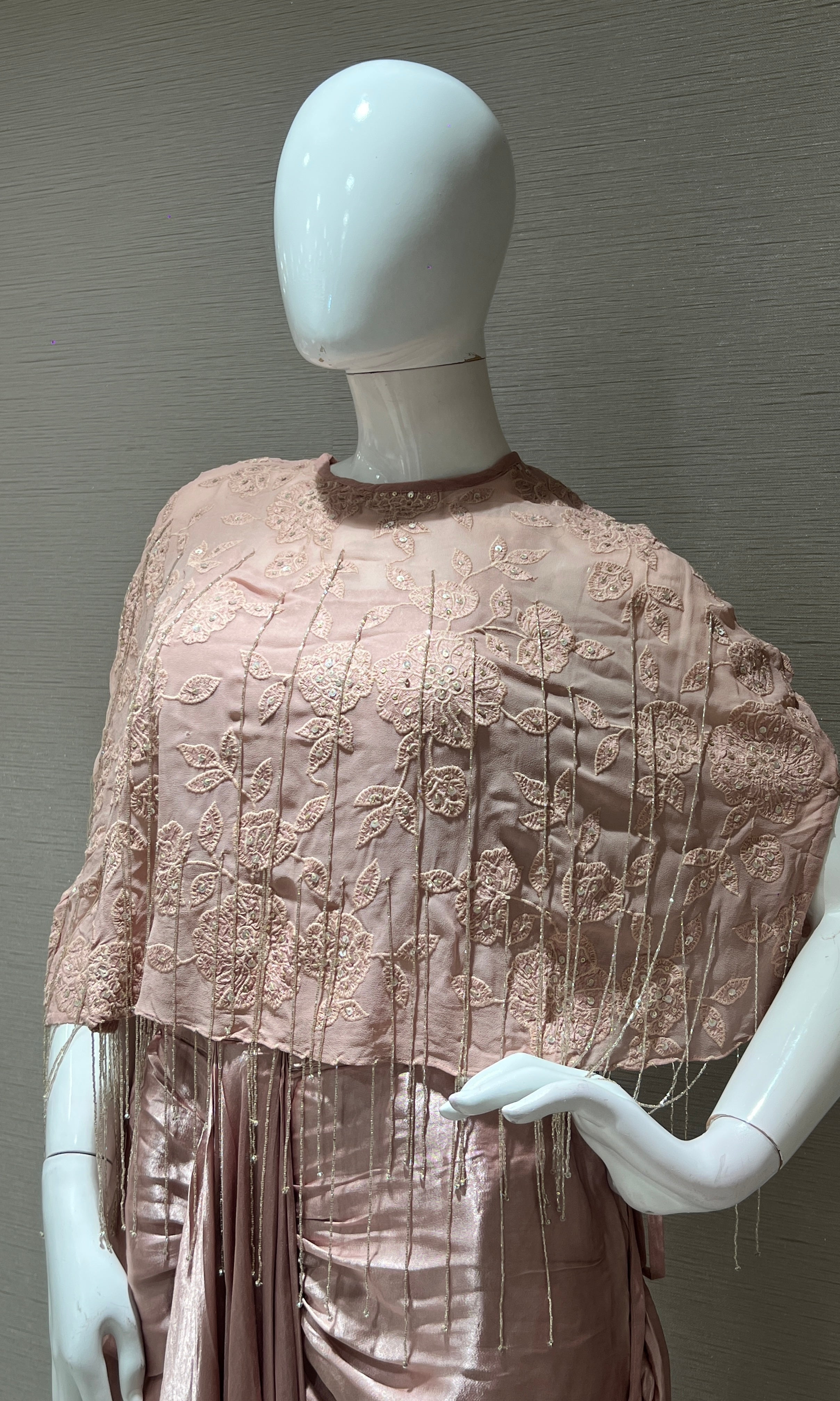 Blush Pink Cape with Draped Satin Dhoti Skirt Indo western