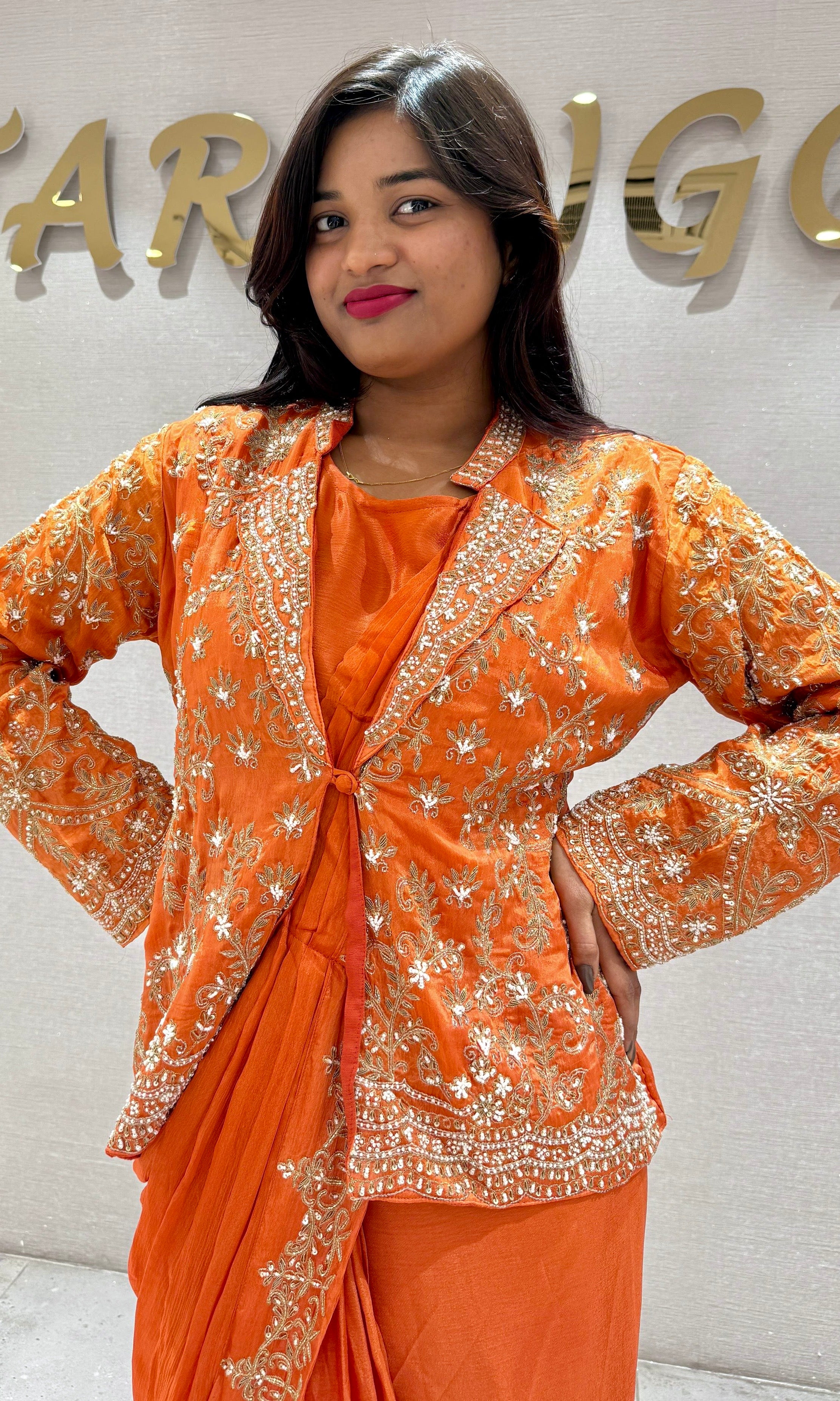 Orange Drape Saree With Golden Work Jacket