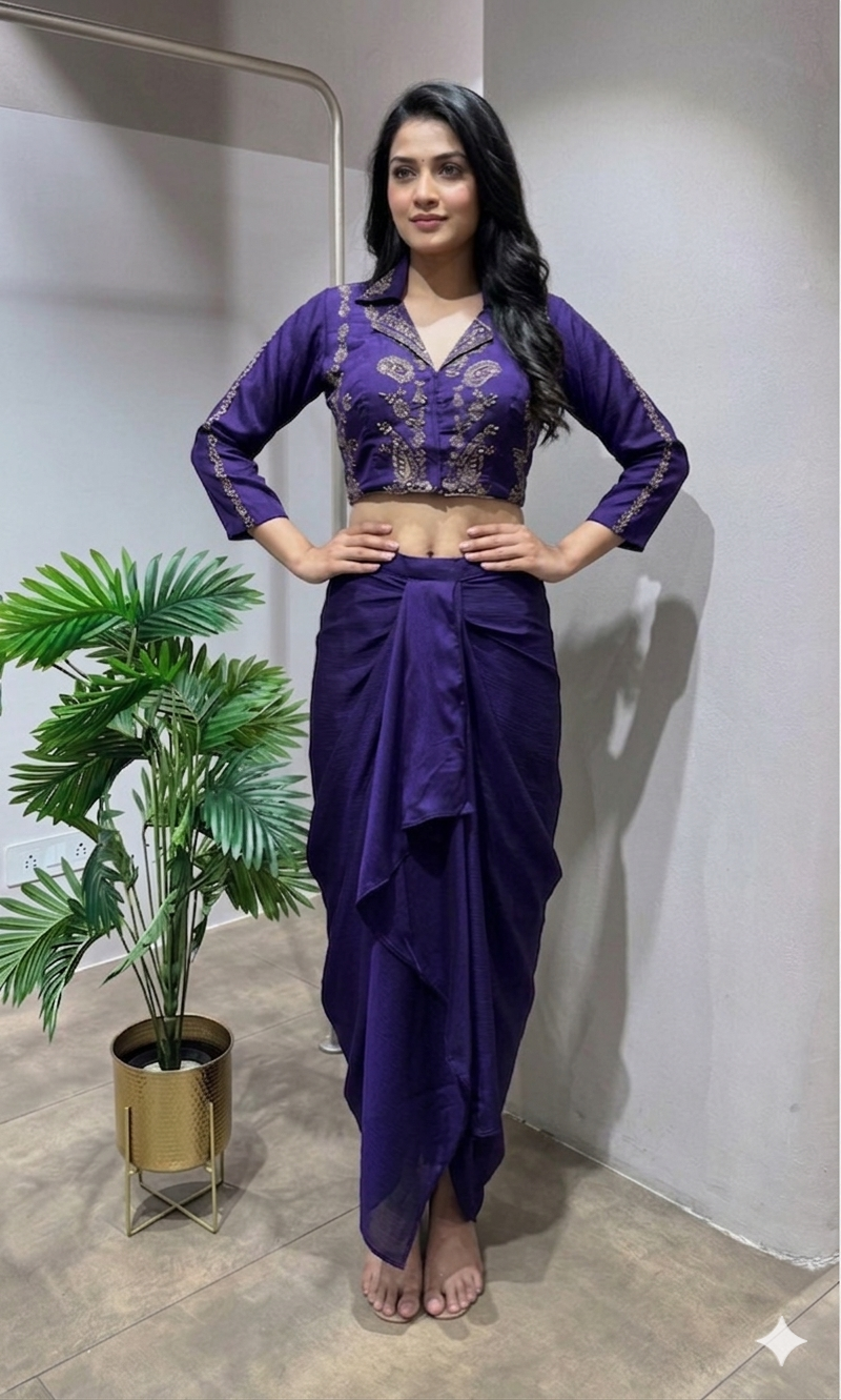 PURPLE DRAPE SKIRT WITH BLOUSE