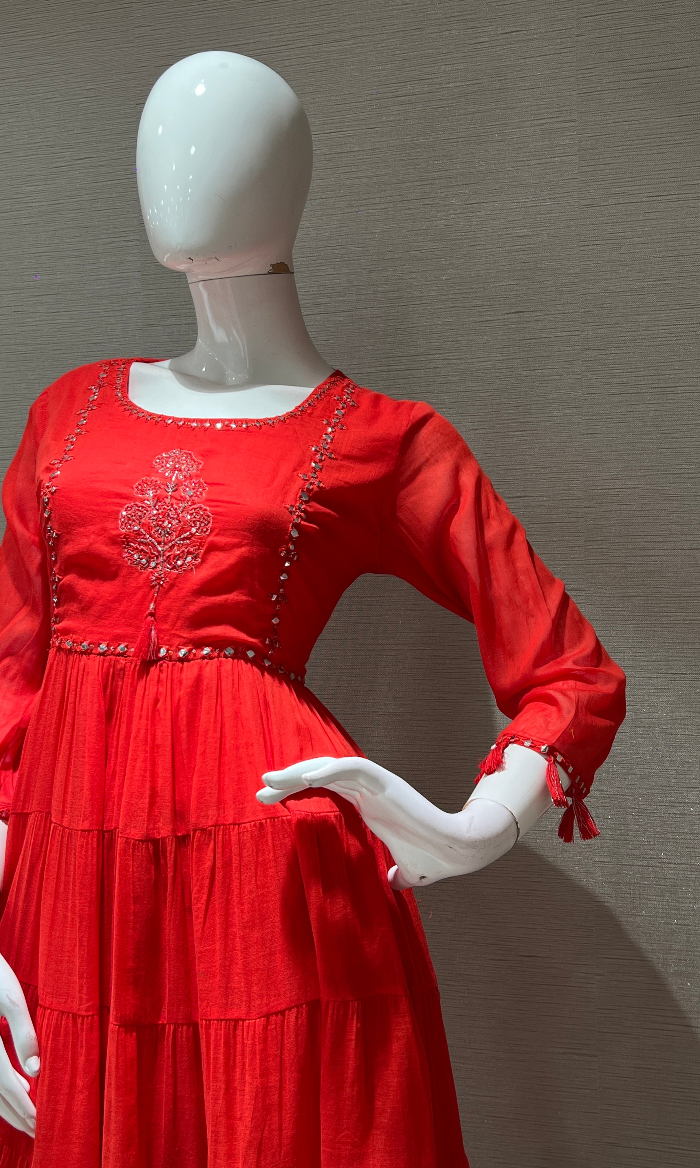 Red FLORAL MUL CHANDERI ANARKALI SET