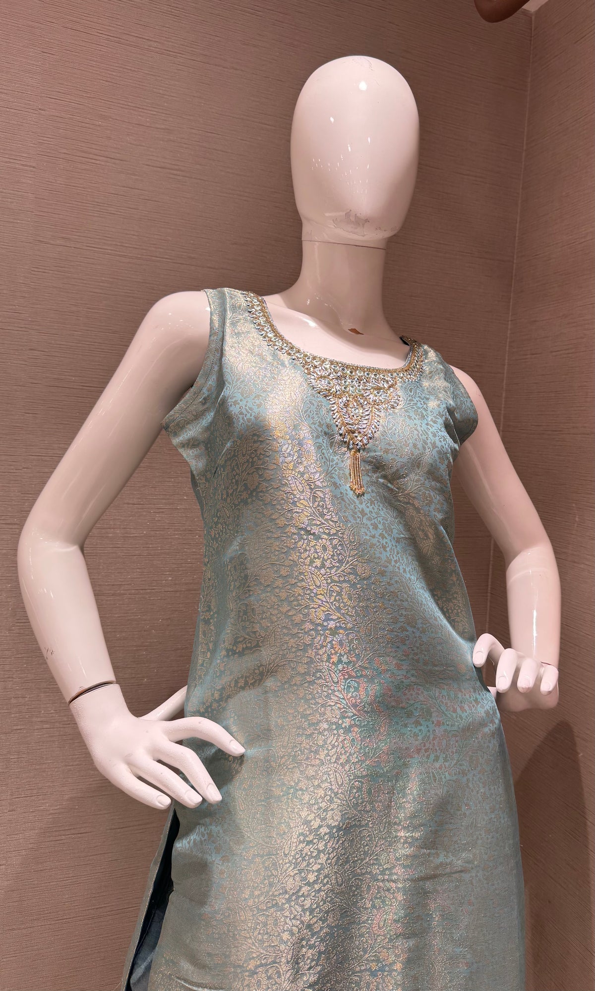Light Blue Tissue silk Kurta Set with Striped Dupatta