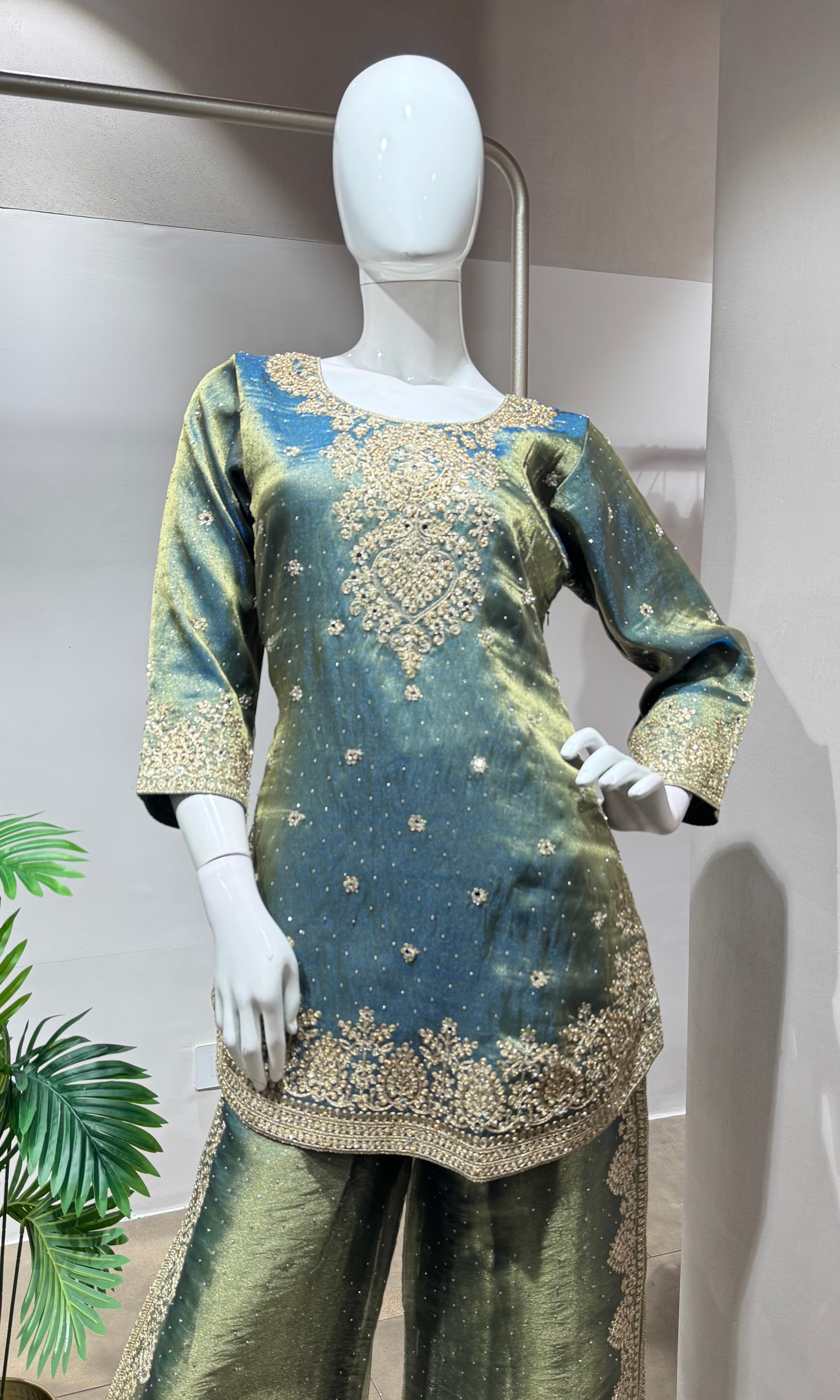 Light green shimmer tissue palazzo set