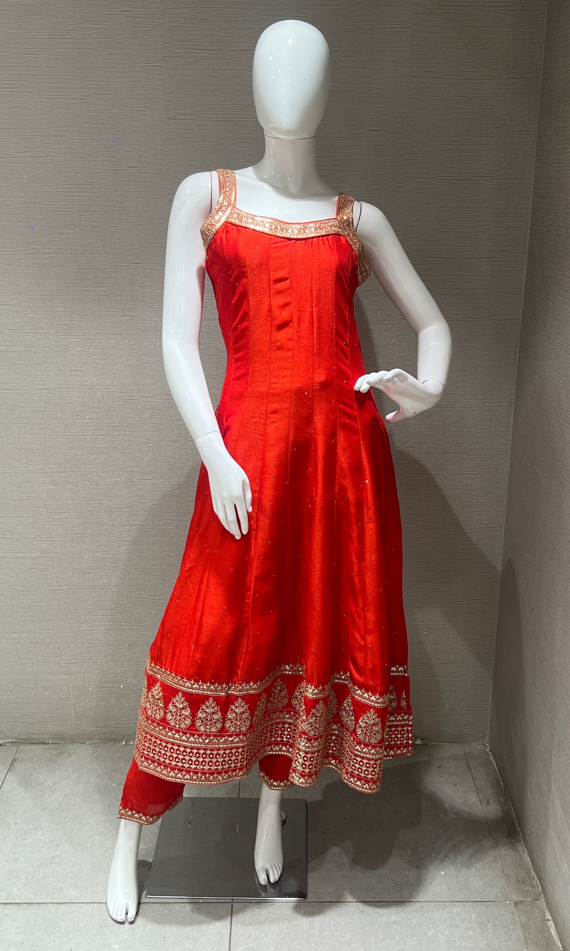 Orange anarkali set with gold embroidery