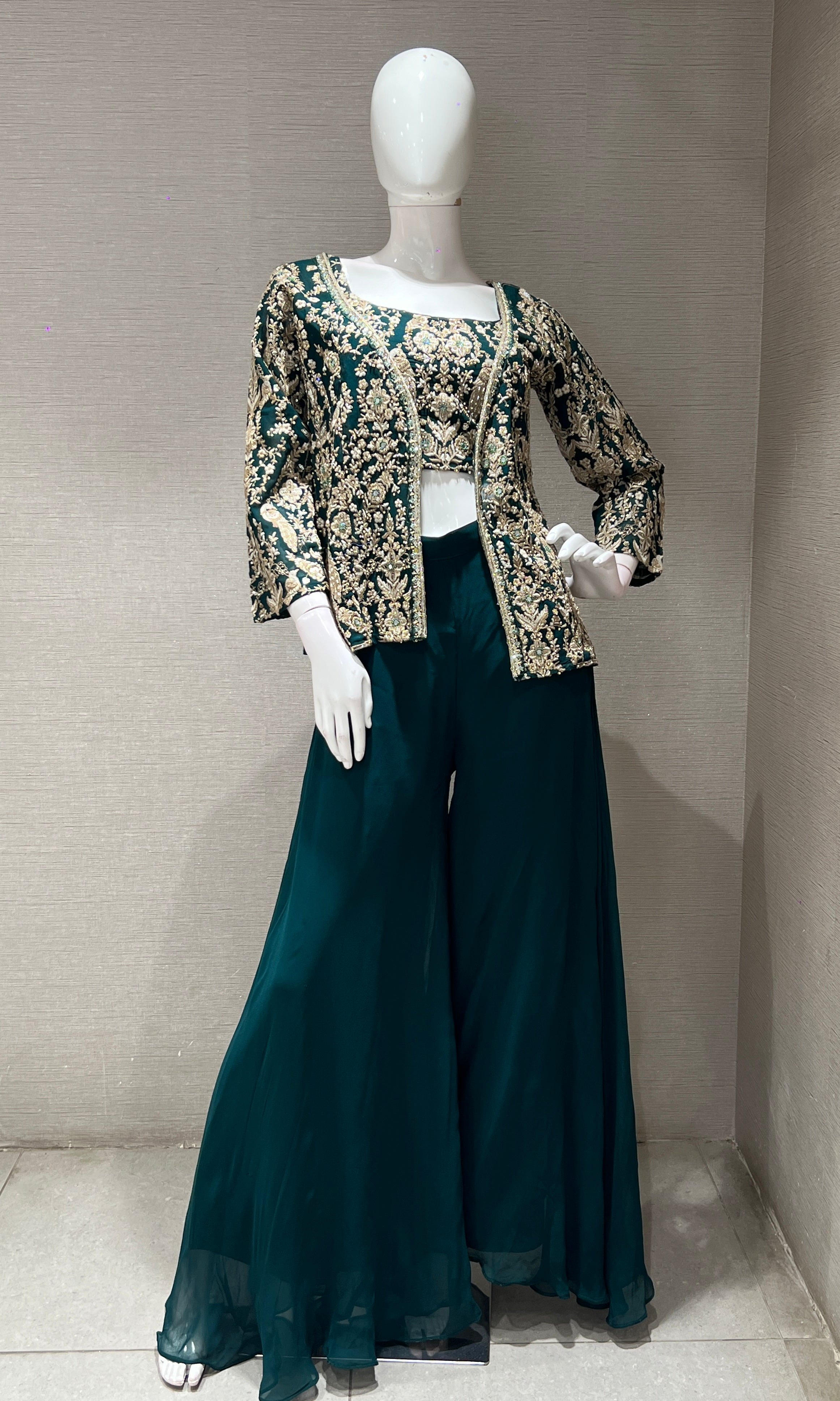 Green EMBROIDERED palazzo SET WITH JACKET
