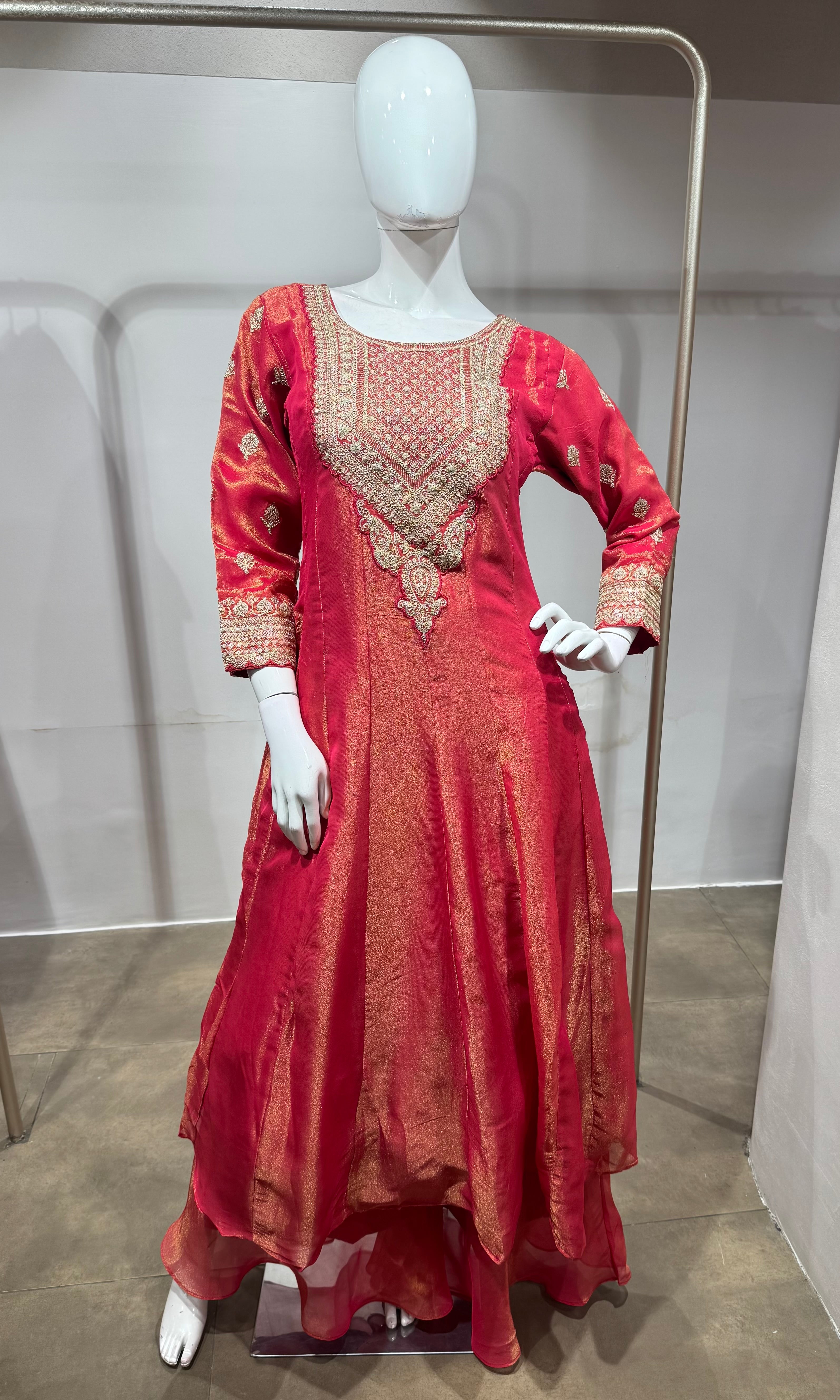 Pink Golden shimmer anarkali with palazzo pants