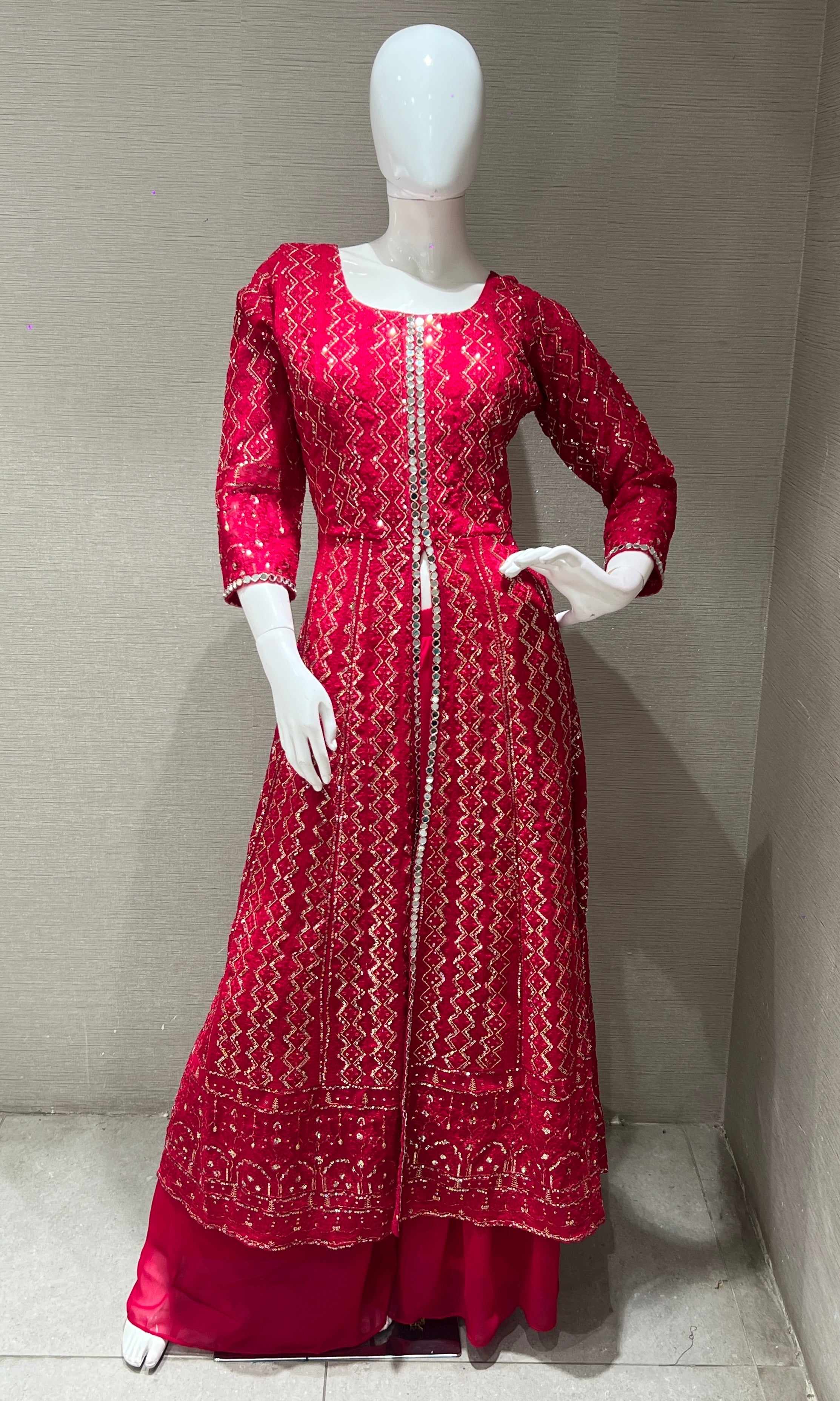 Pink front slit Anarkali with palazzo pants