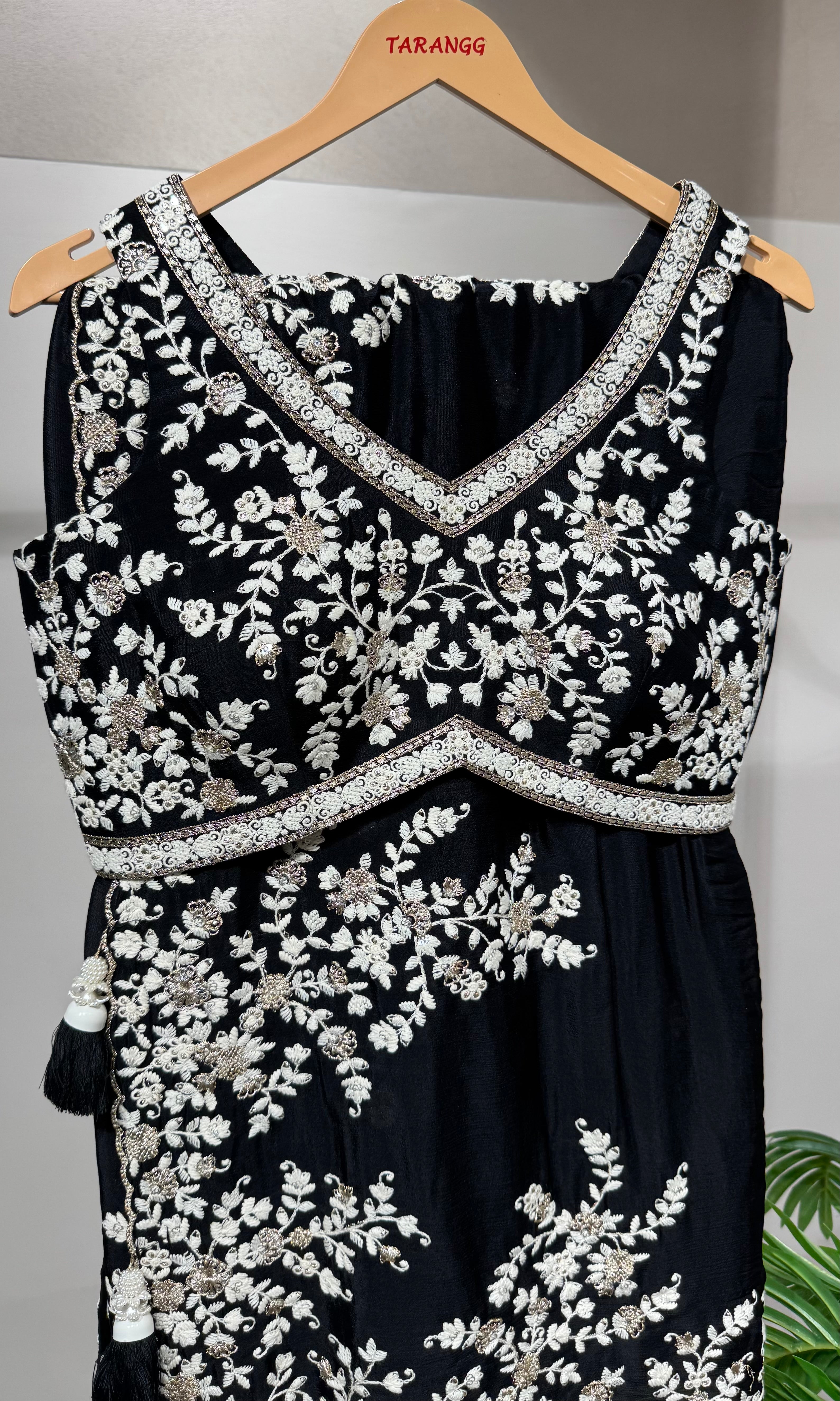 Black Embroidered Saree with V-Neck Blouse