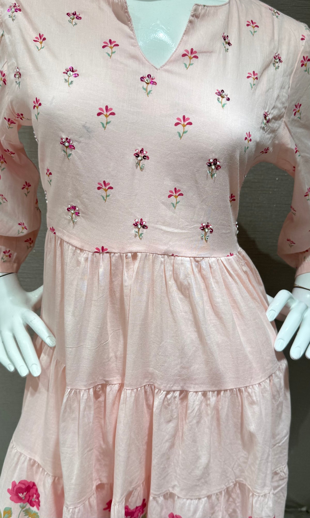 Pink Floral Print Tiered Ethnic Anarkali kurta set