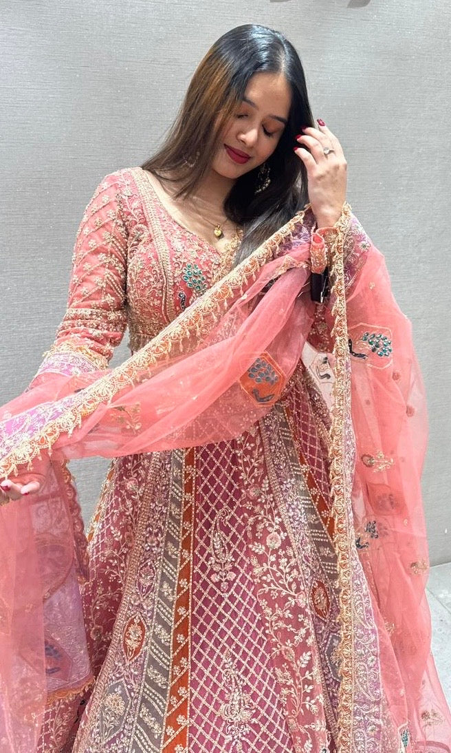 blush pink multicolored embroidered lehenga
