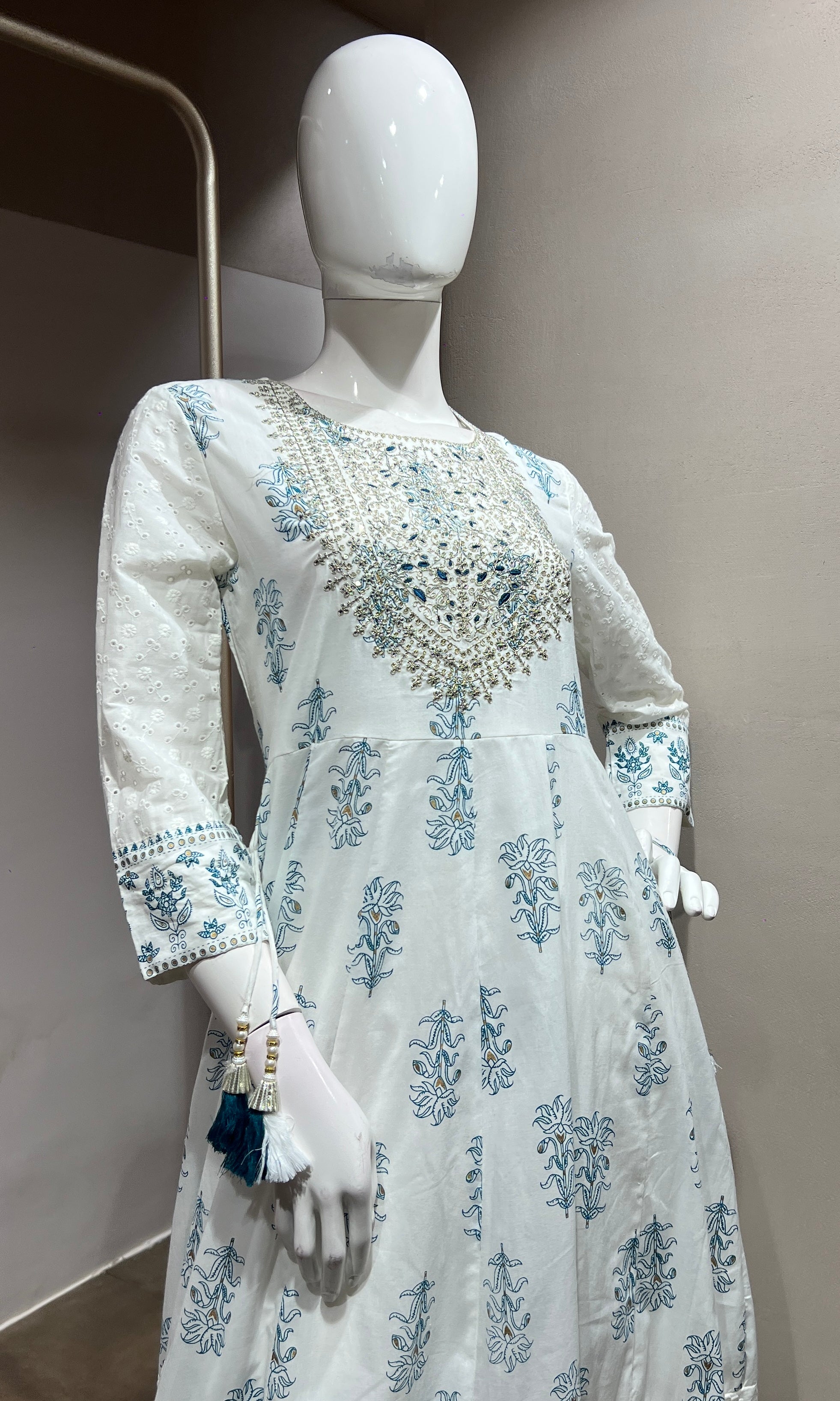 White and Sky Blue Floral Printed Anarkali Set