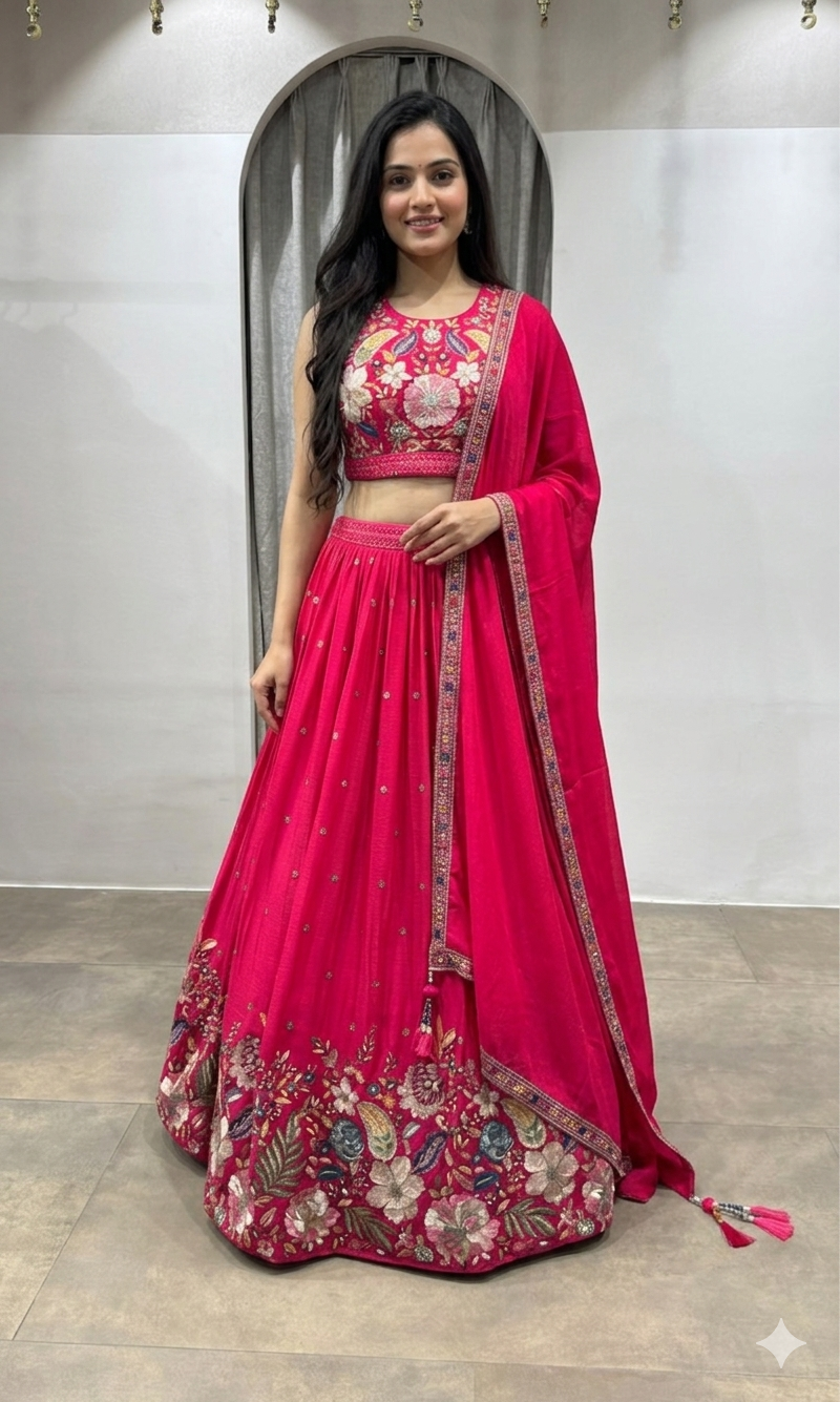Rani Pink Floral Embroidered Lehenga Set