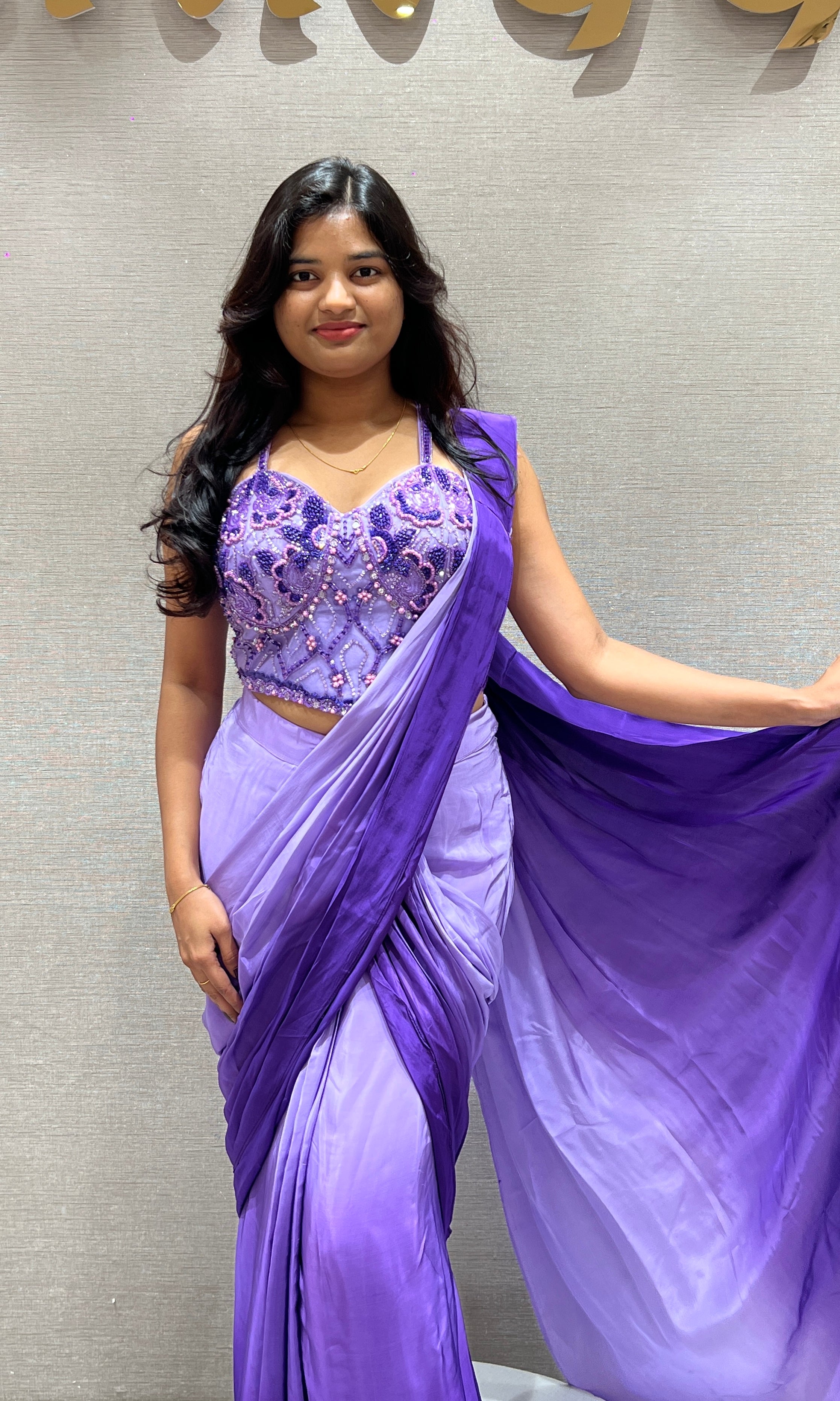 purple drape saree With Sweetheart Neck Blouse