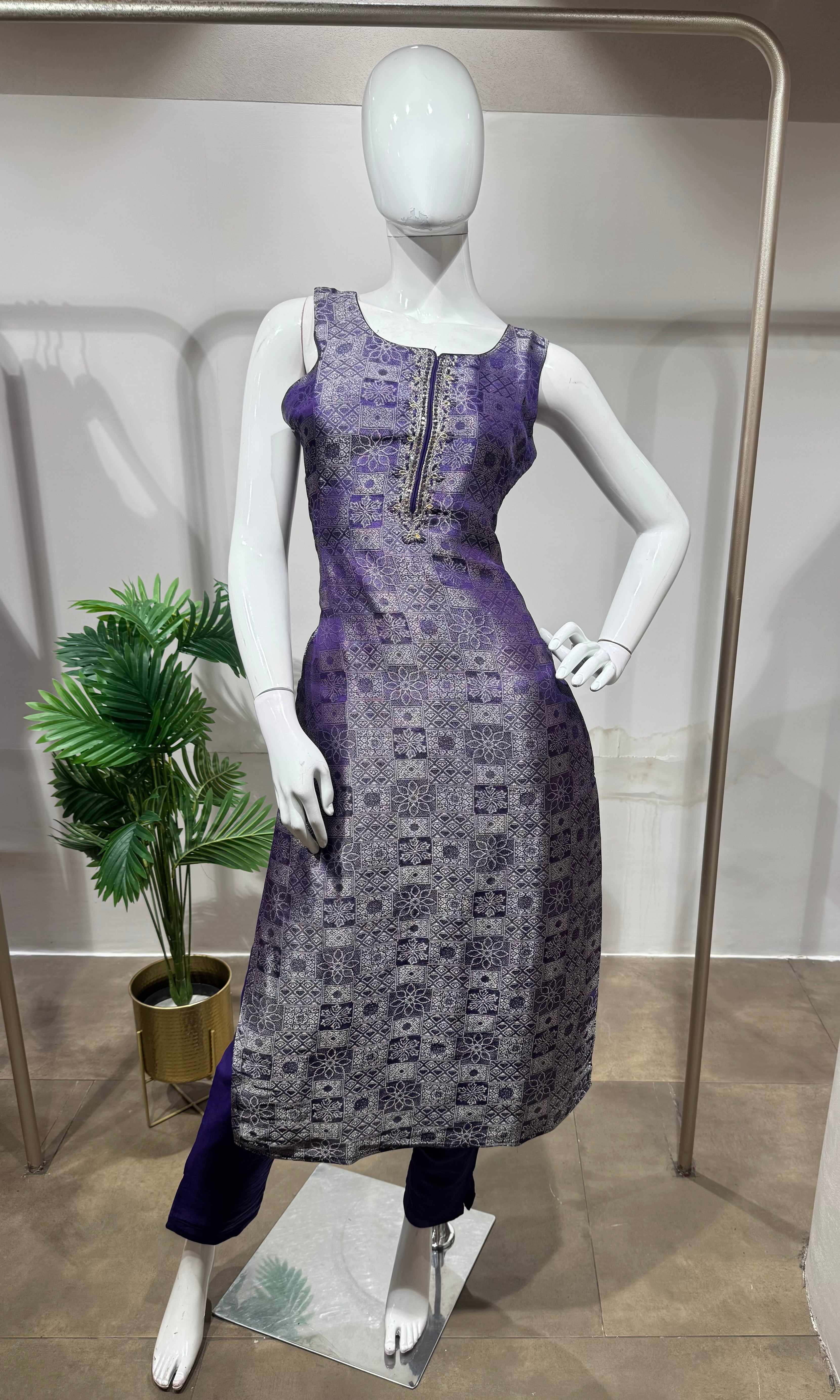 purple Banarasi silk kurta set