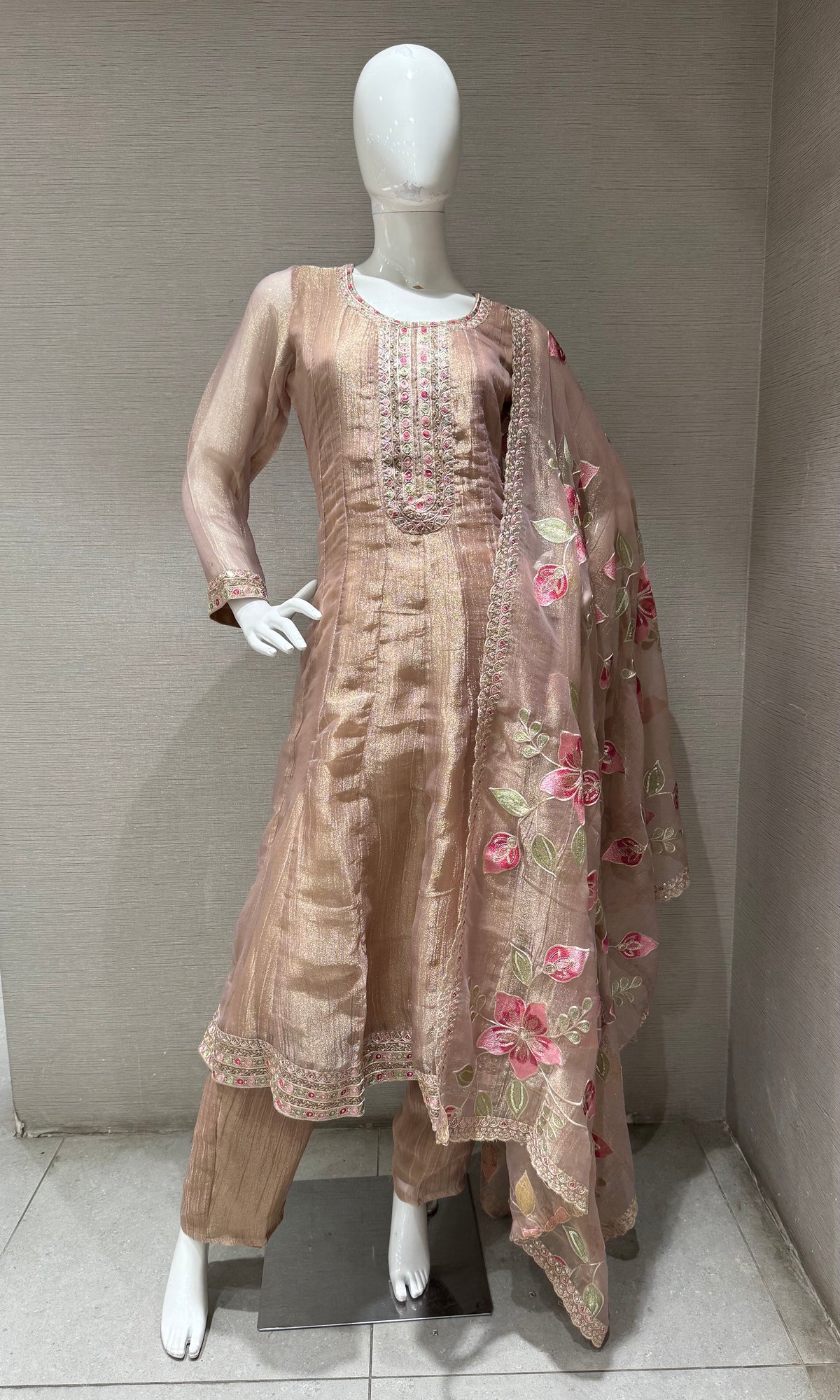 PEACH EMBROIDERED TISSUE ANARKALI SET WITH FLORAL DUPATTA