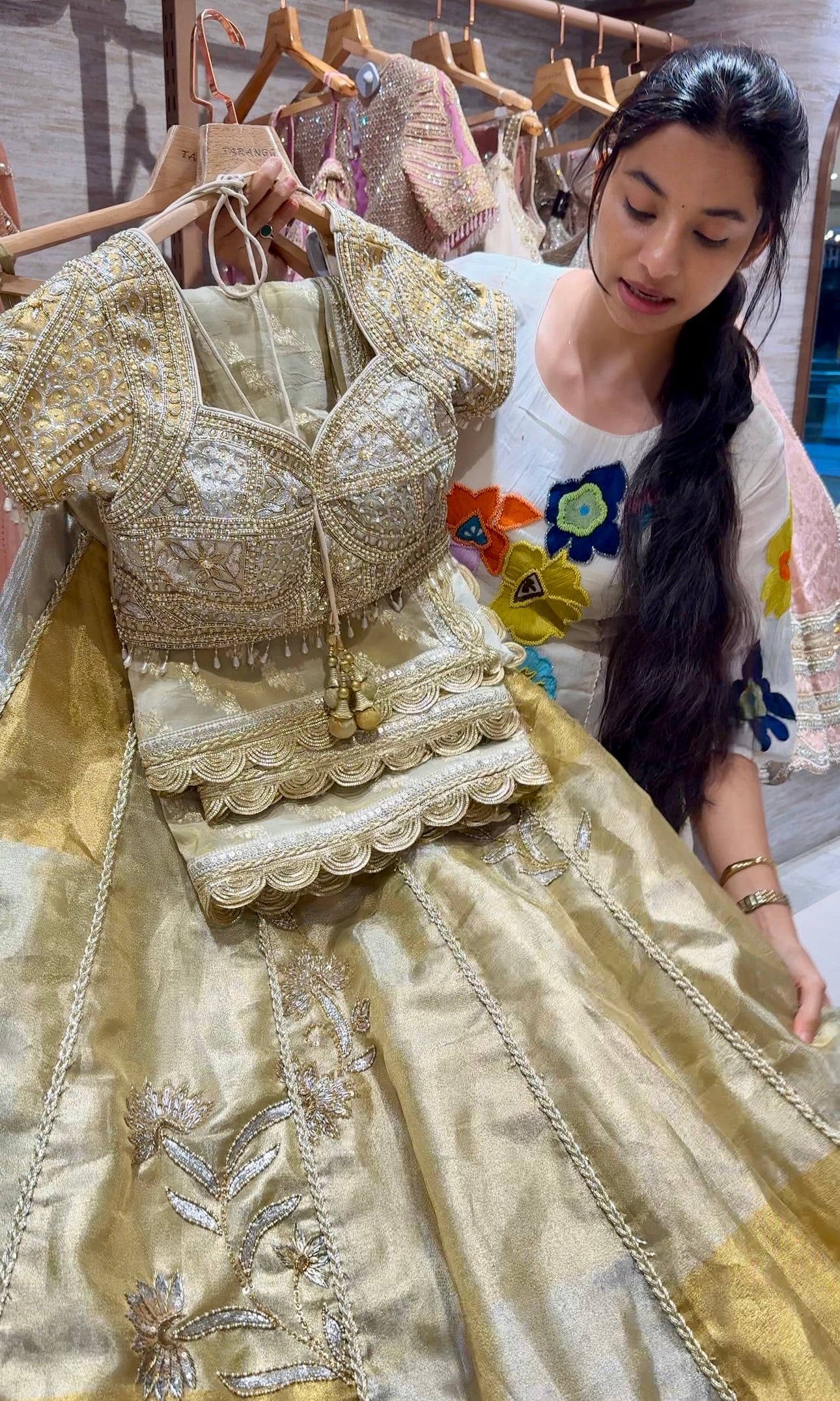 Gold and silver tissue zari lehenga