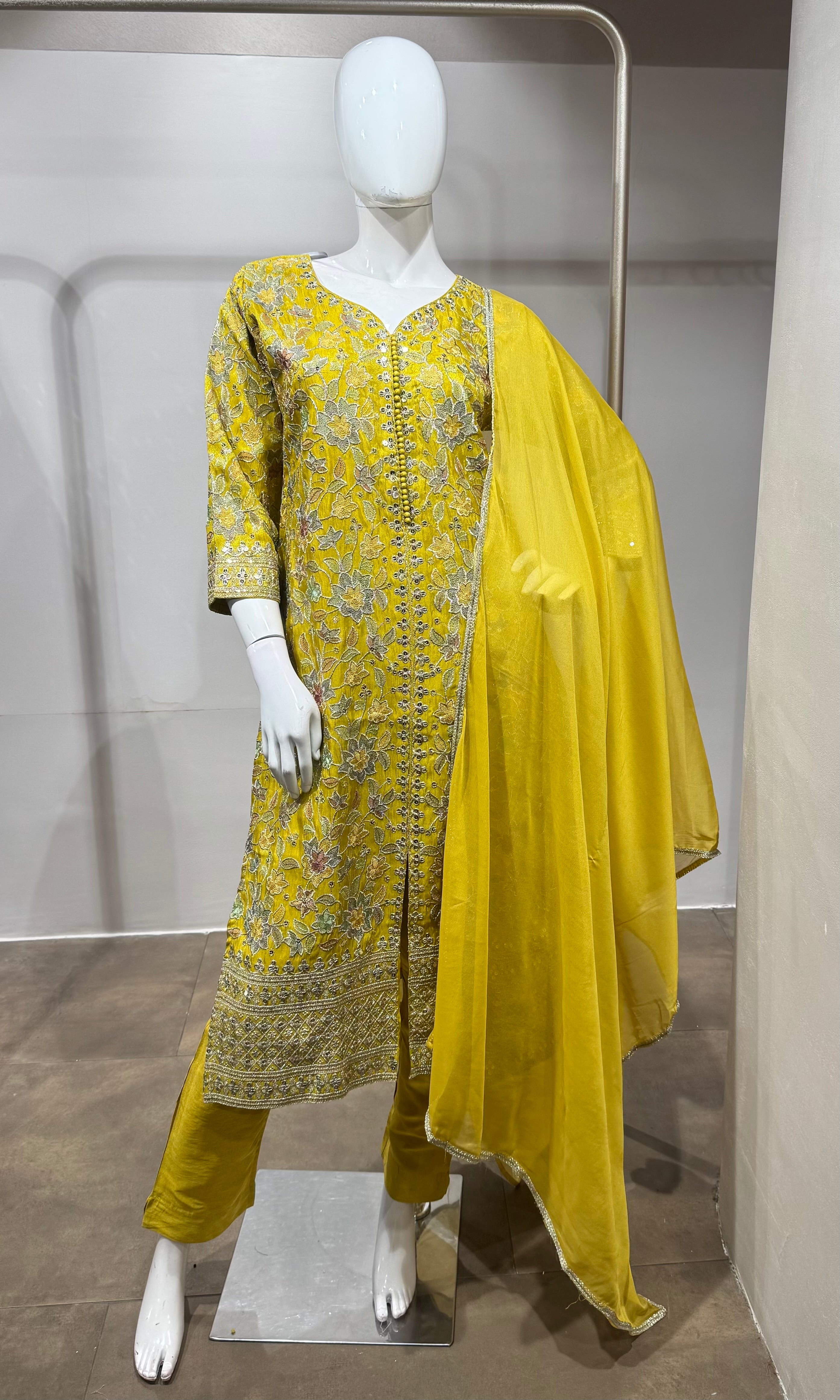 Yellow embroidered straight kurta set