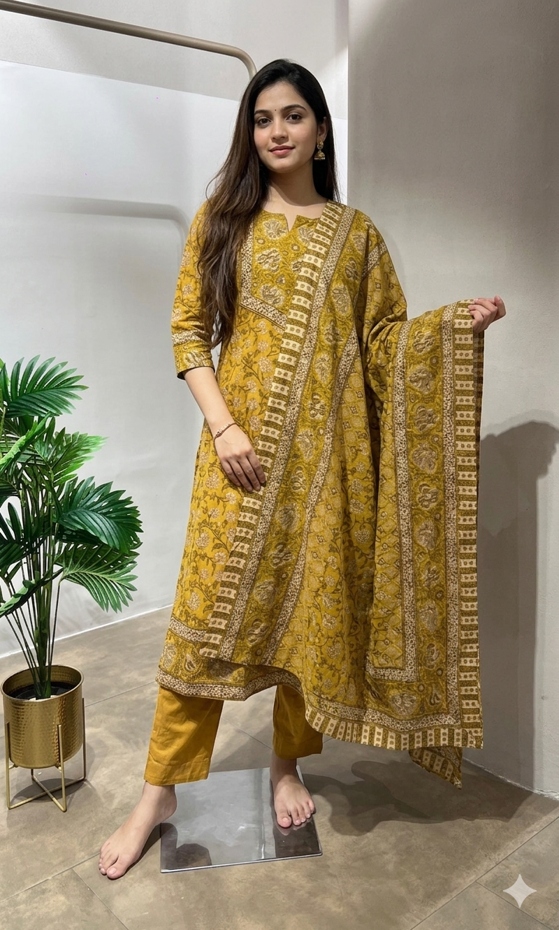 YELLOW ETHNIC PRINTED KURTA SET