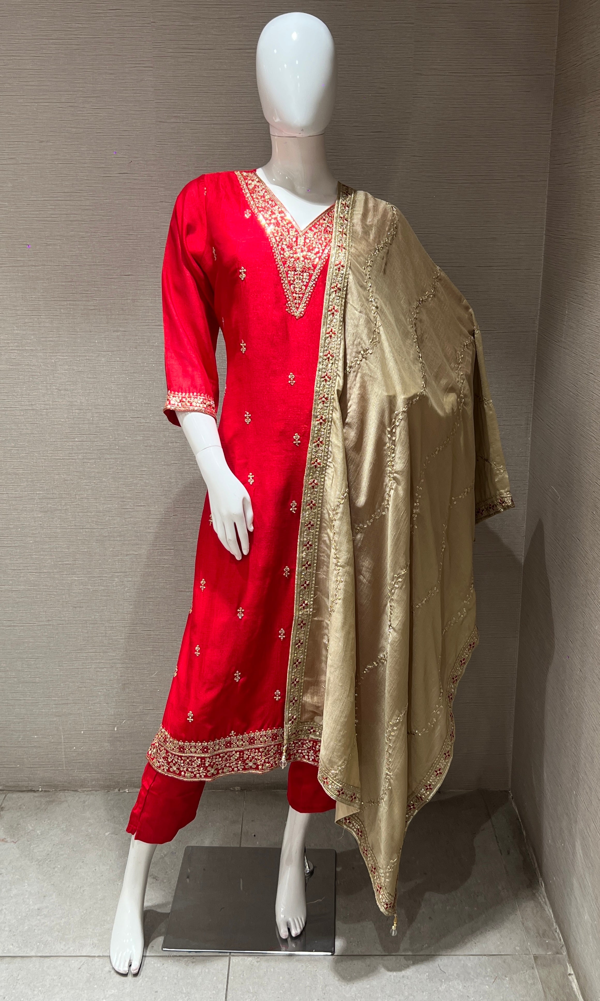 Red kurta set with contrast gold duppatta
