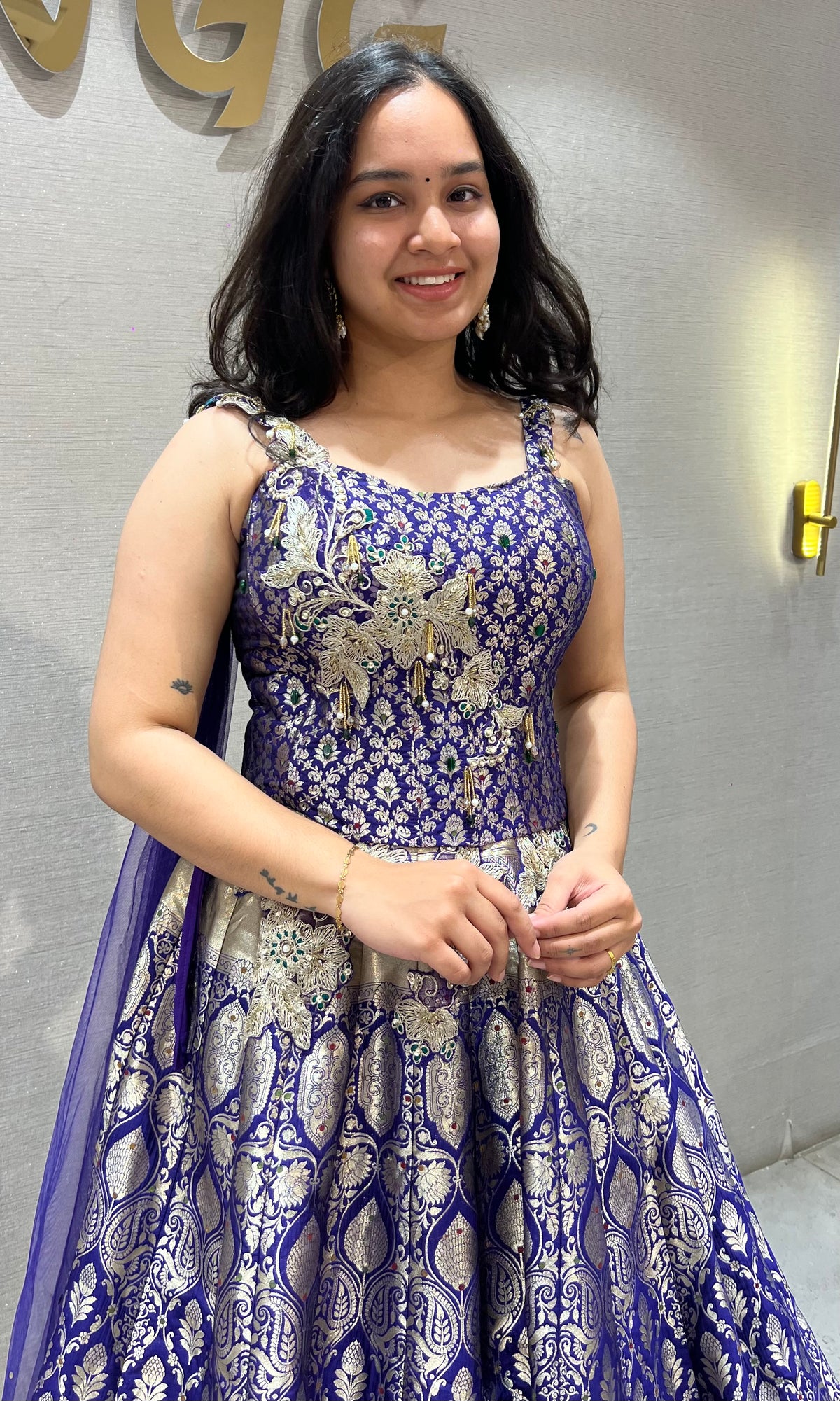 Purple Banarasi lehenga with corset blouse