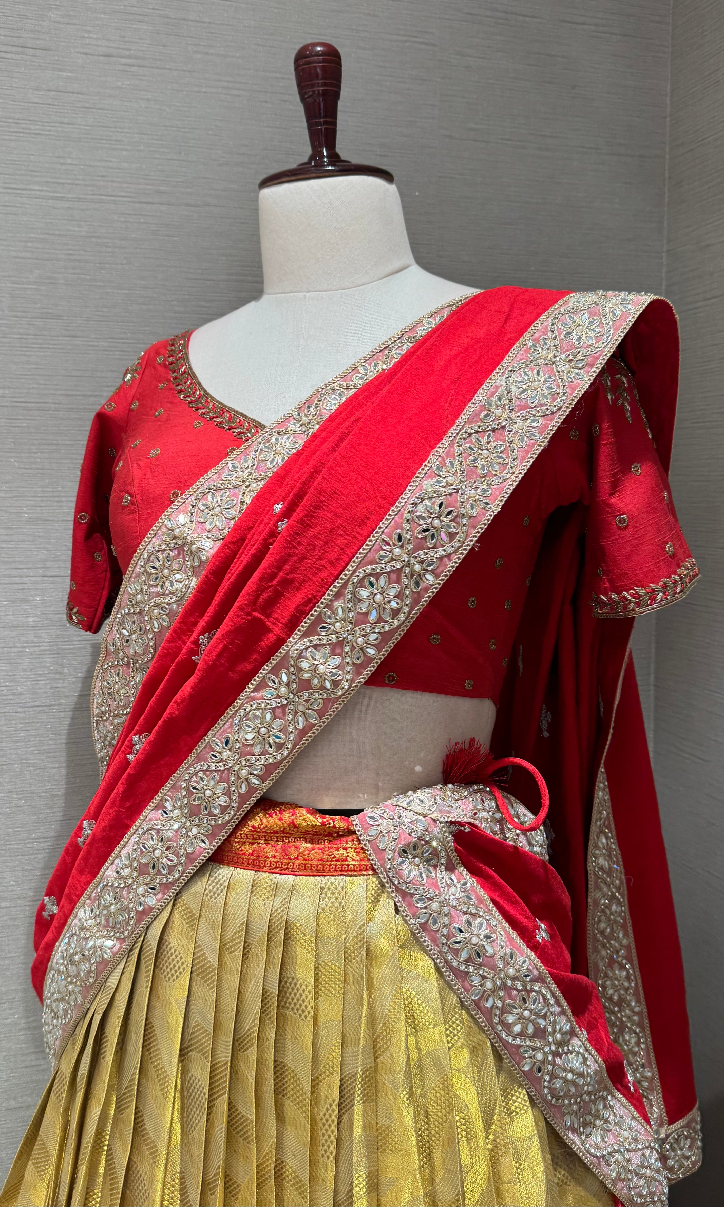 Red and gold banarasi pattu lehenga set