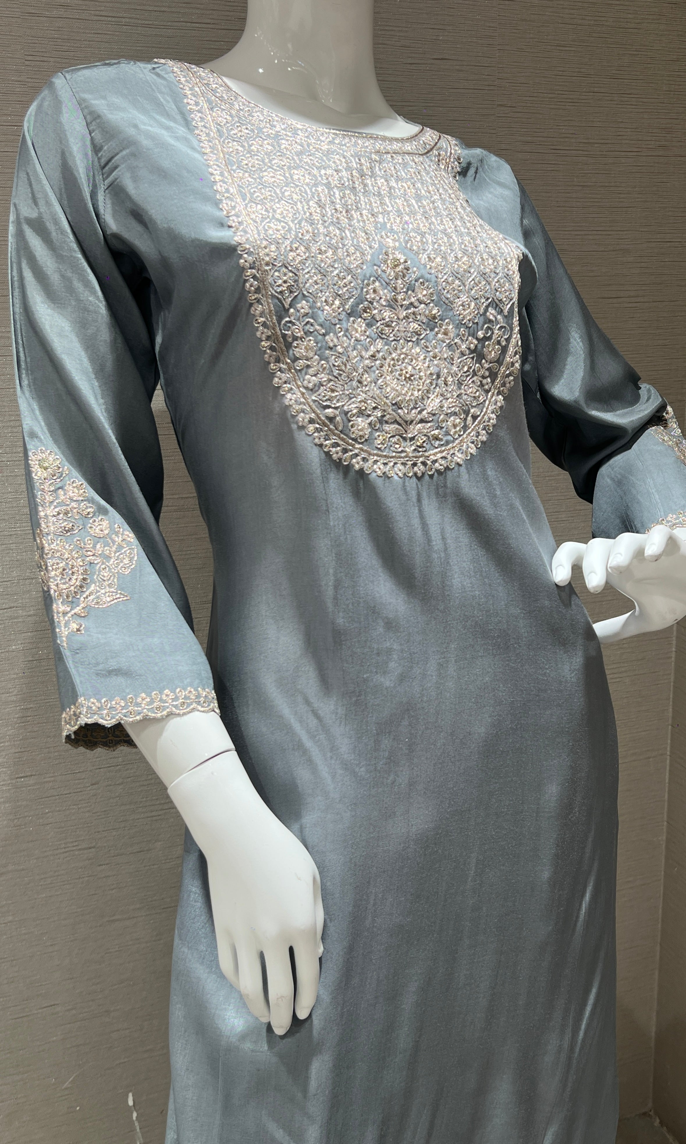 Grey Embroidered Kurta Set with Red Dupatta