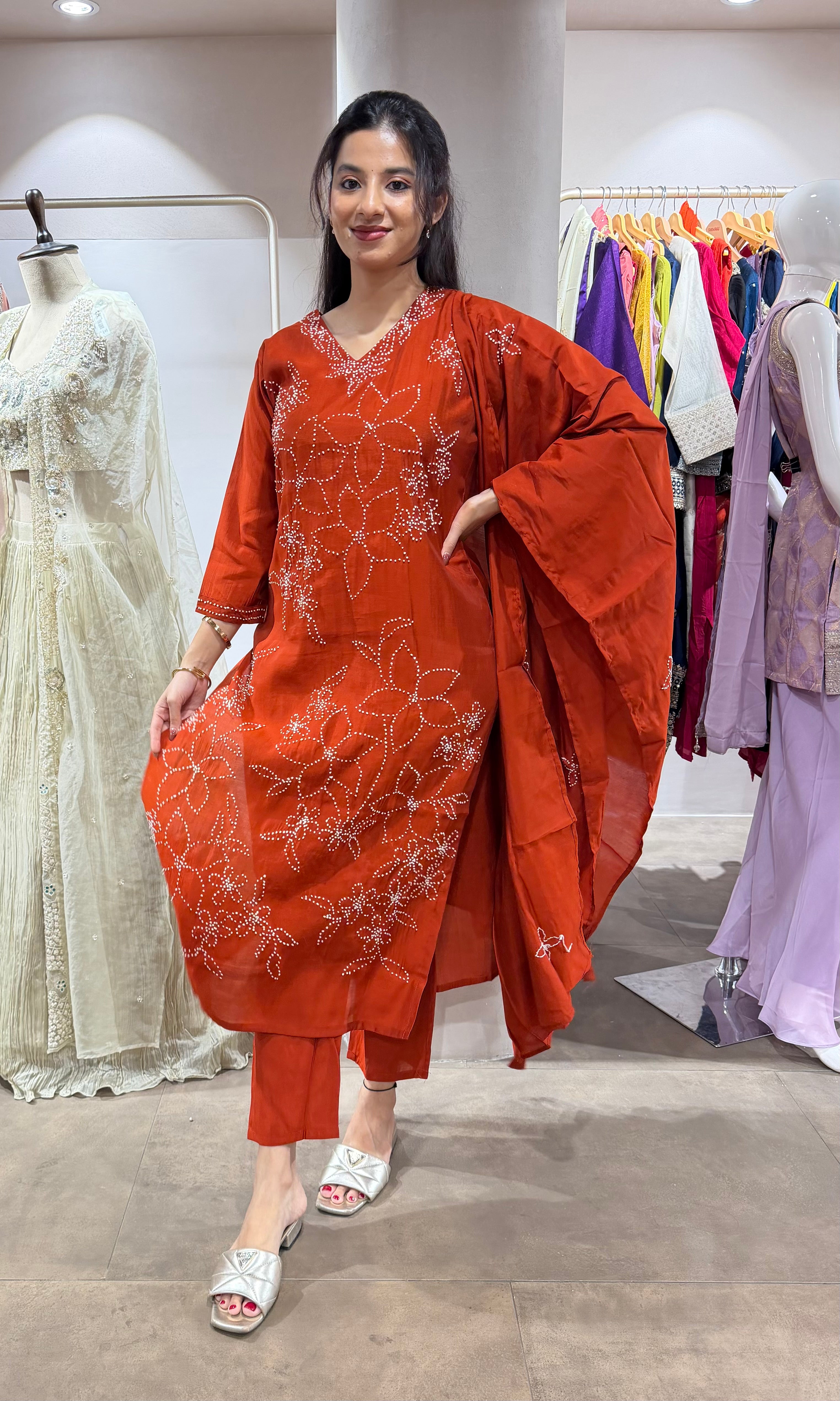 RUST FLORAL MUL CHANDERI KURTA SET