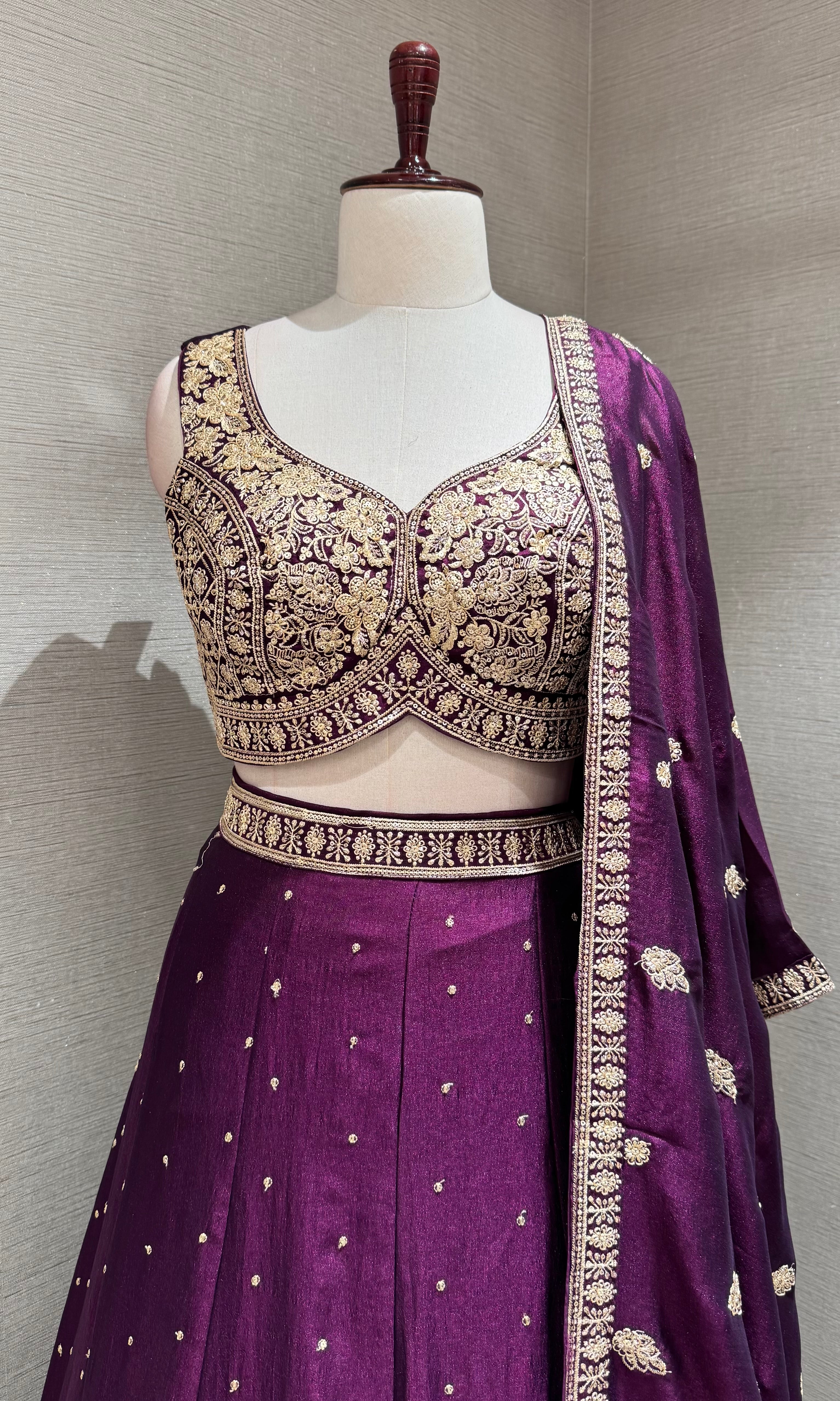 Wine Embroidered Lehenga Choli Set