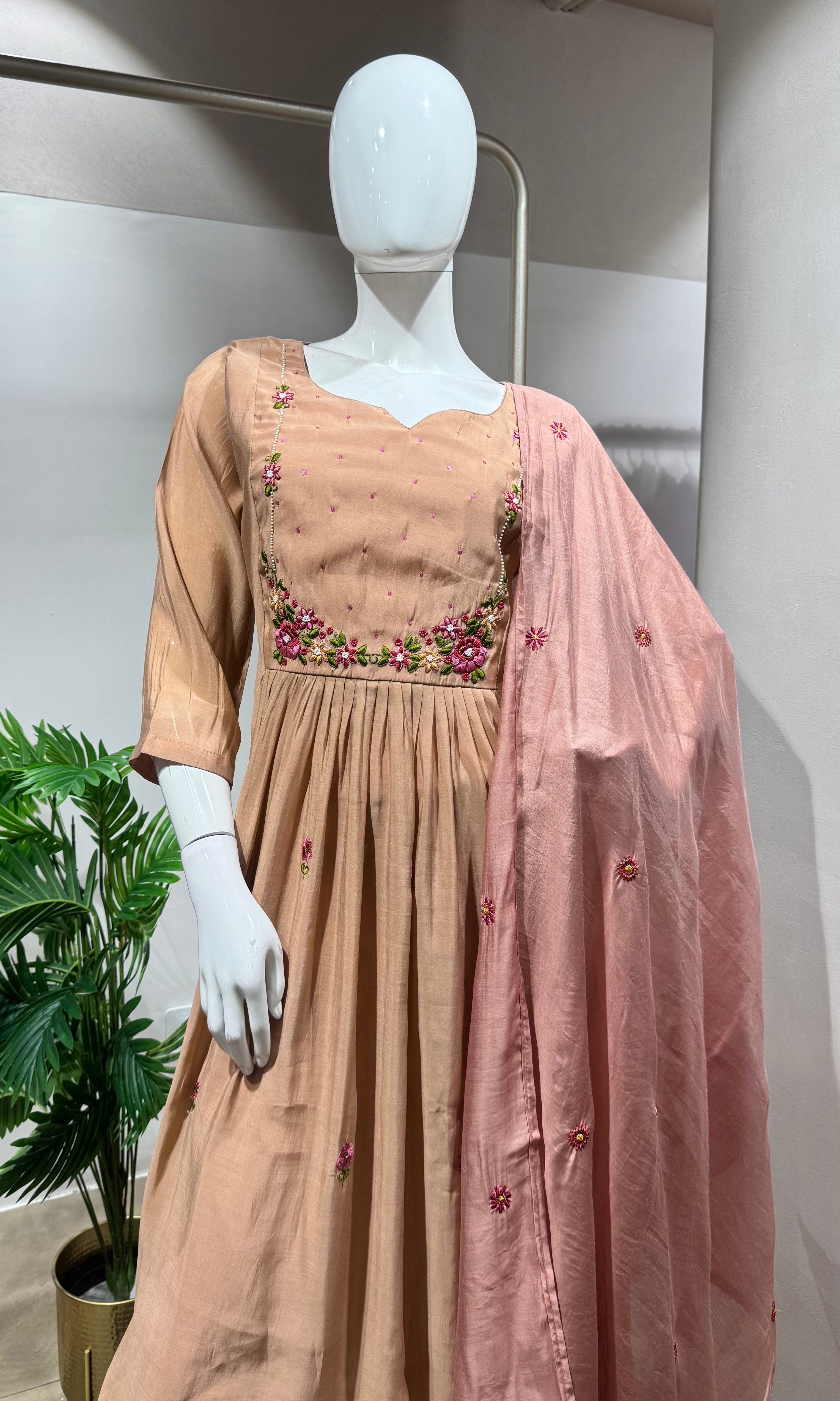 Peach Embroidered Mul Chanderi kurta set