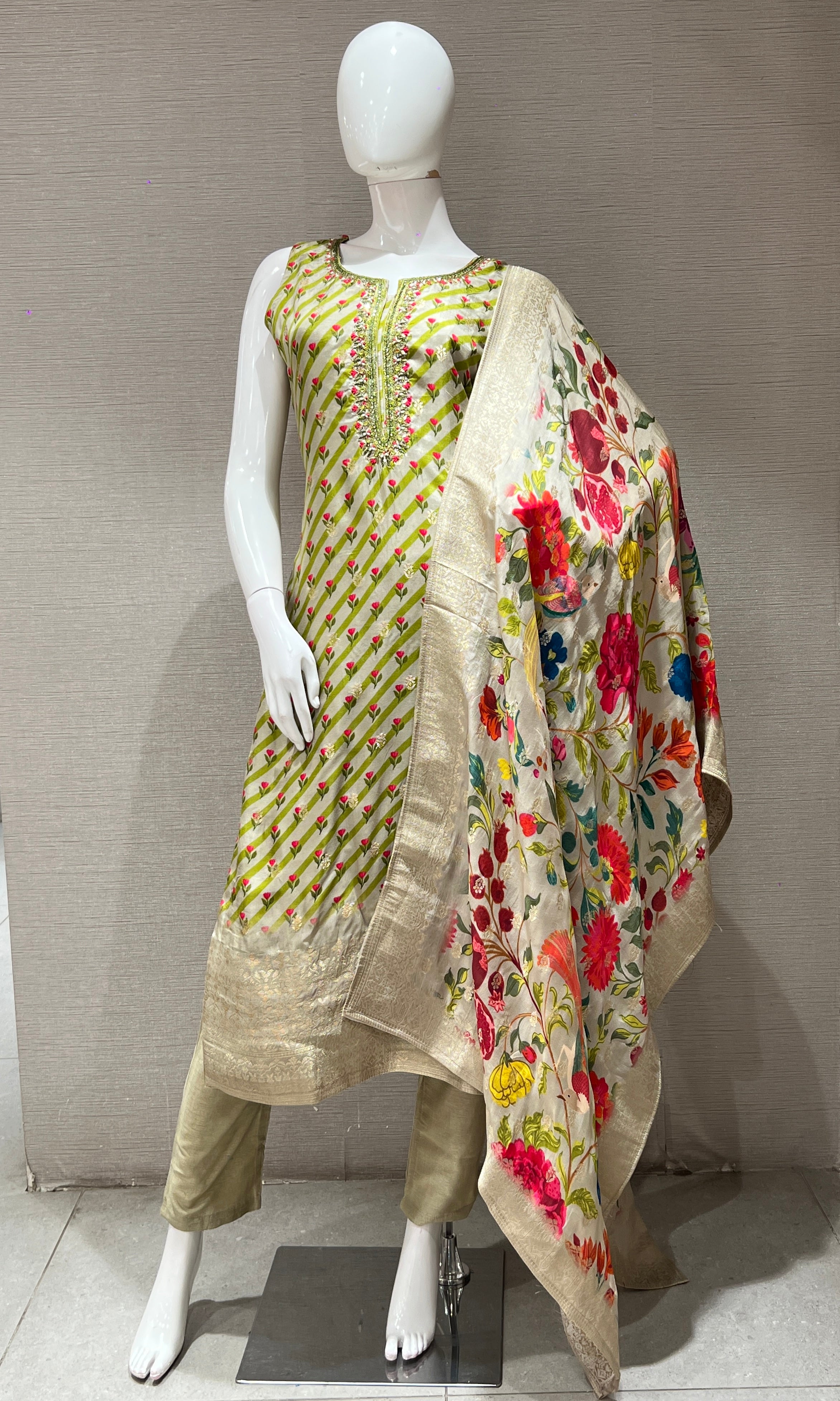Green kurta set with floral dupatta