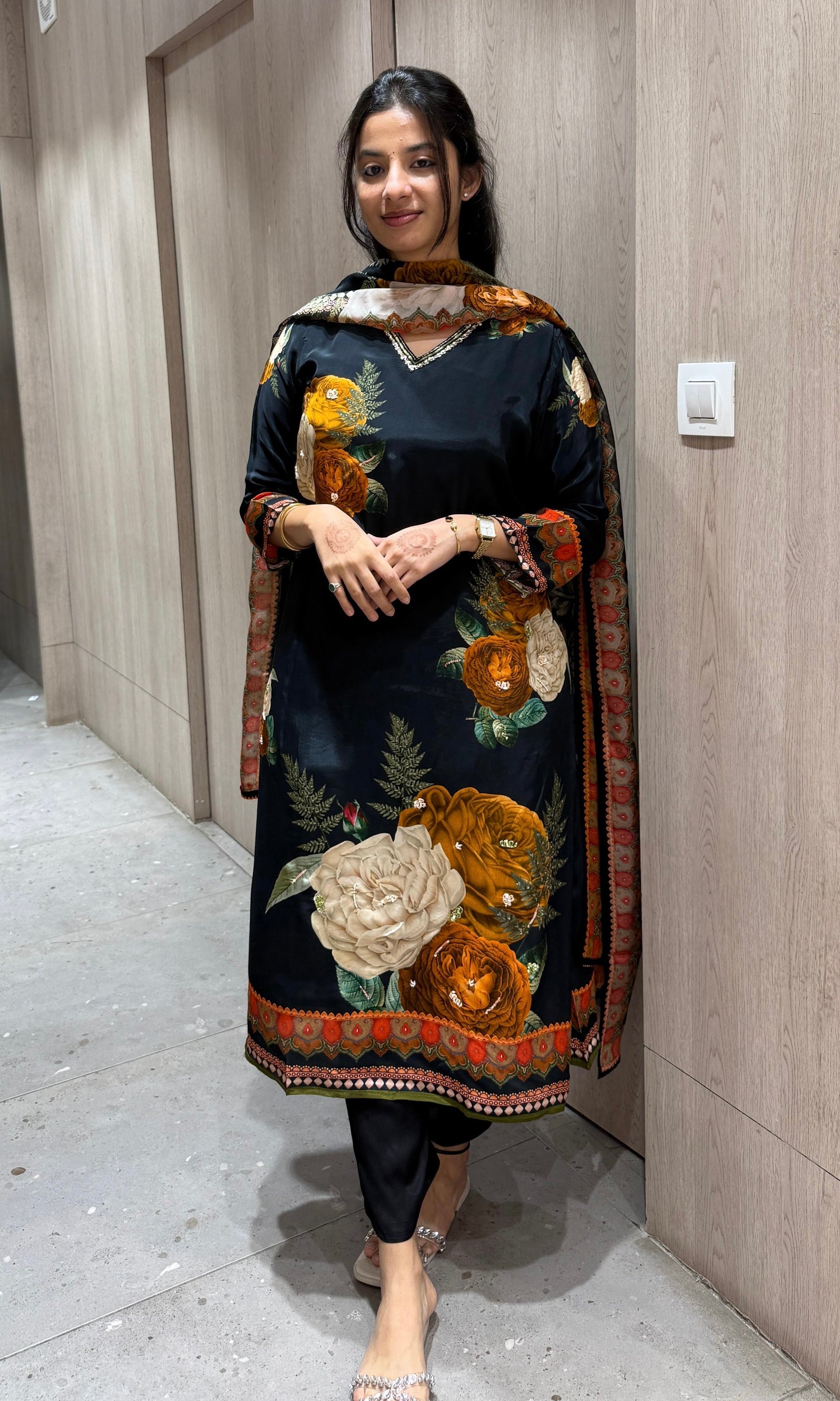 Black Elegant Floral Printed KURTA SET