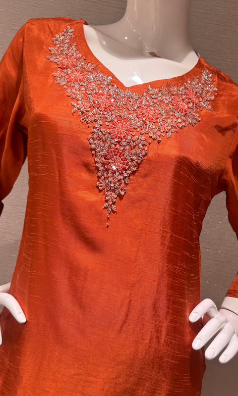 RUST Mul Chanderi Kurta Set with Striped Dupatta