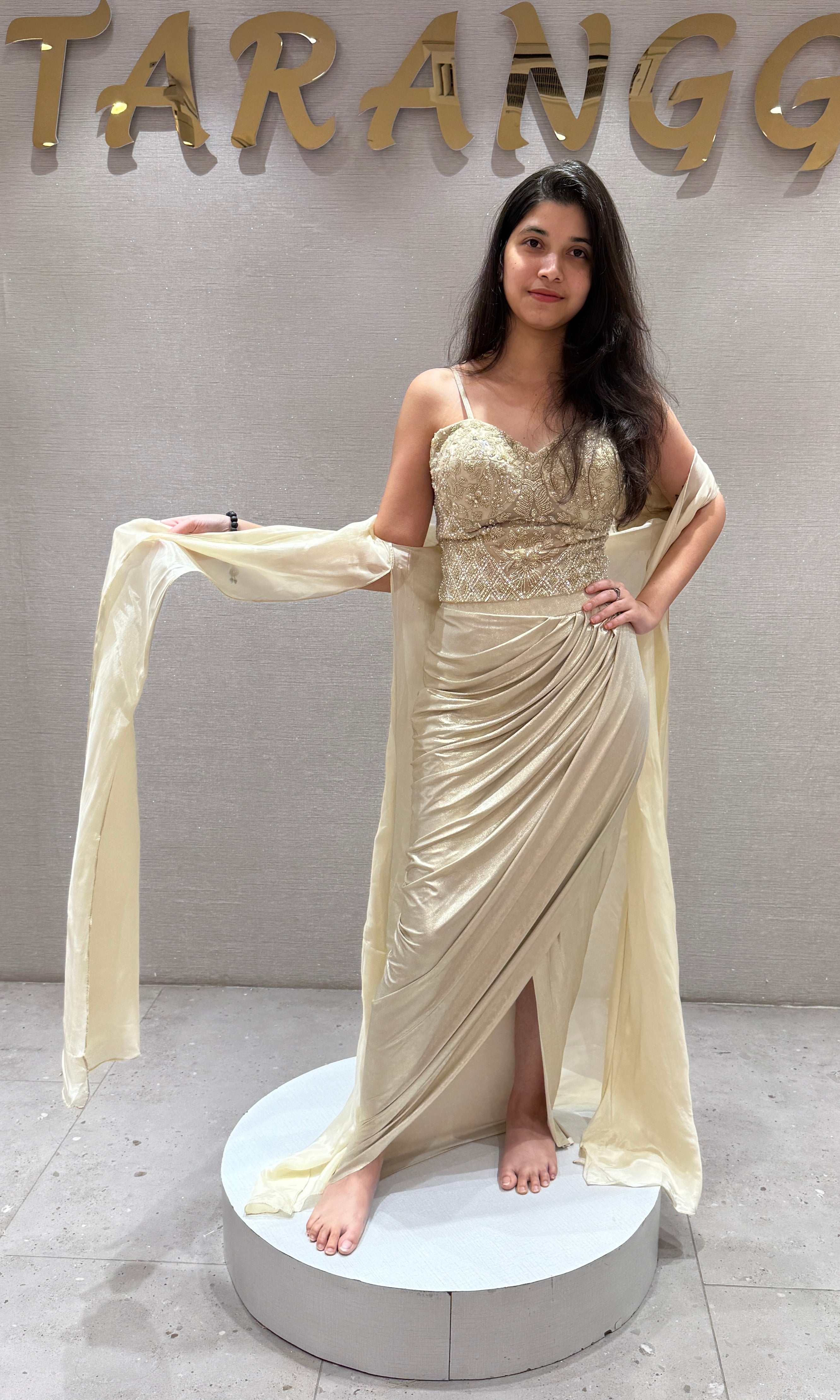 Ivory gold Draped Skirt Set with cape