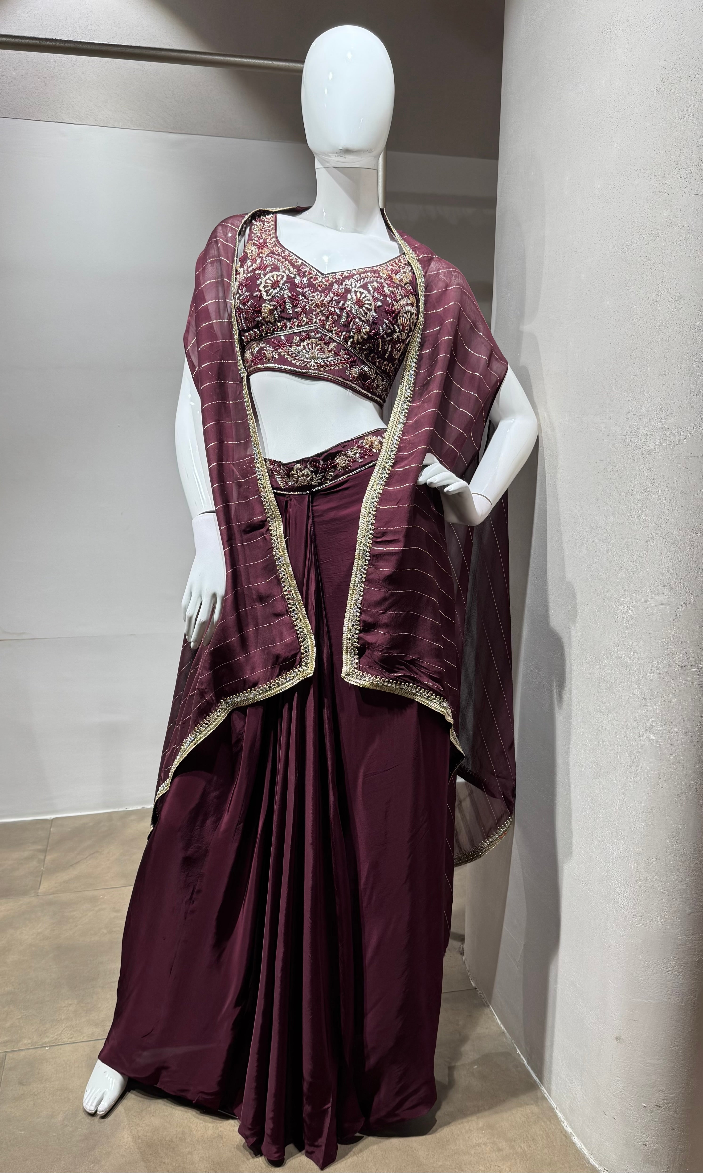 WINE SILK DRAPE SKIRT WITH CAPE AND CROP TOP