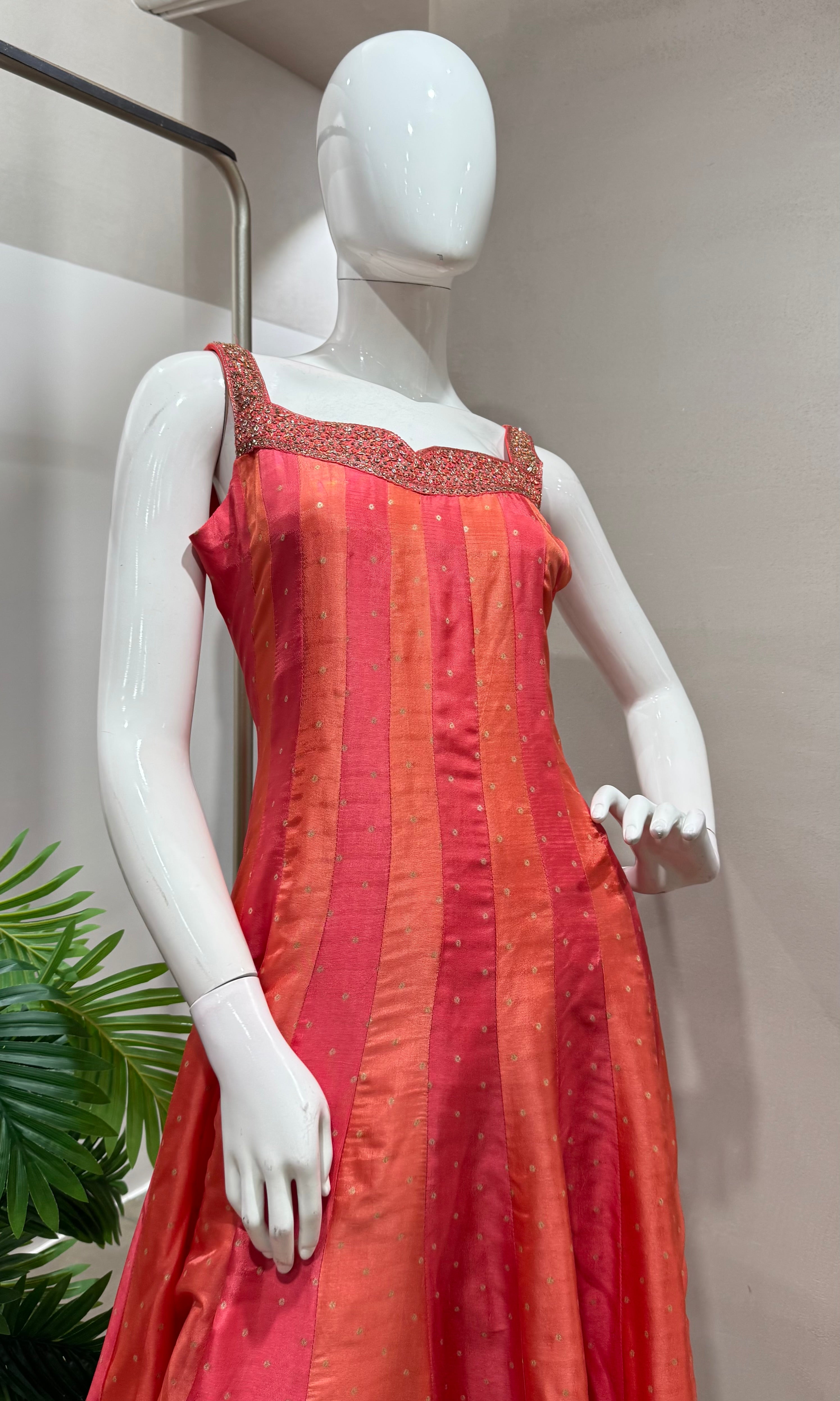 Peach ethnic striped anarkali set
