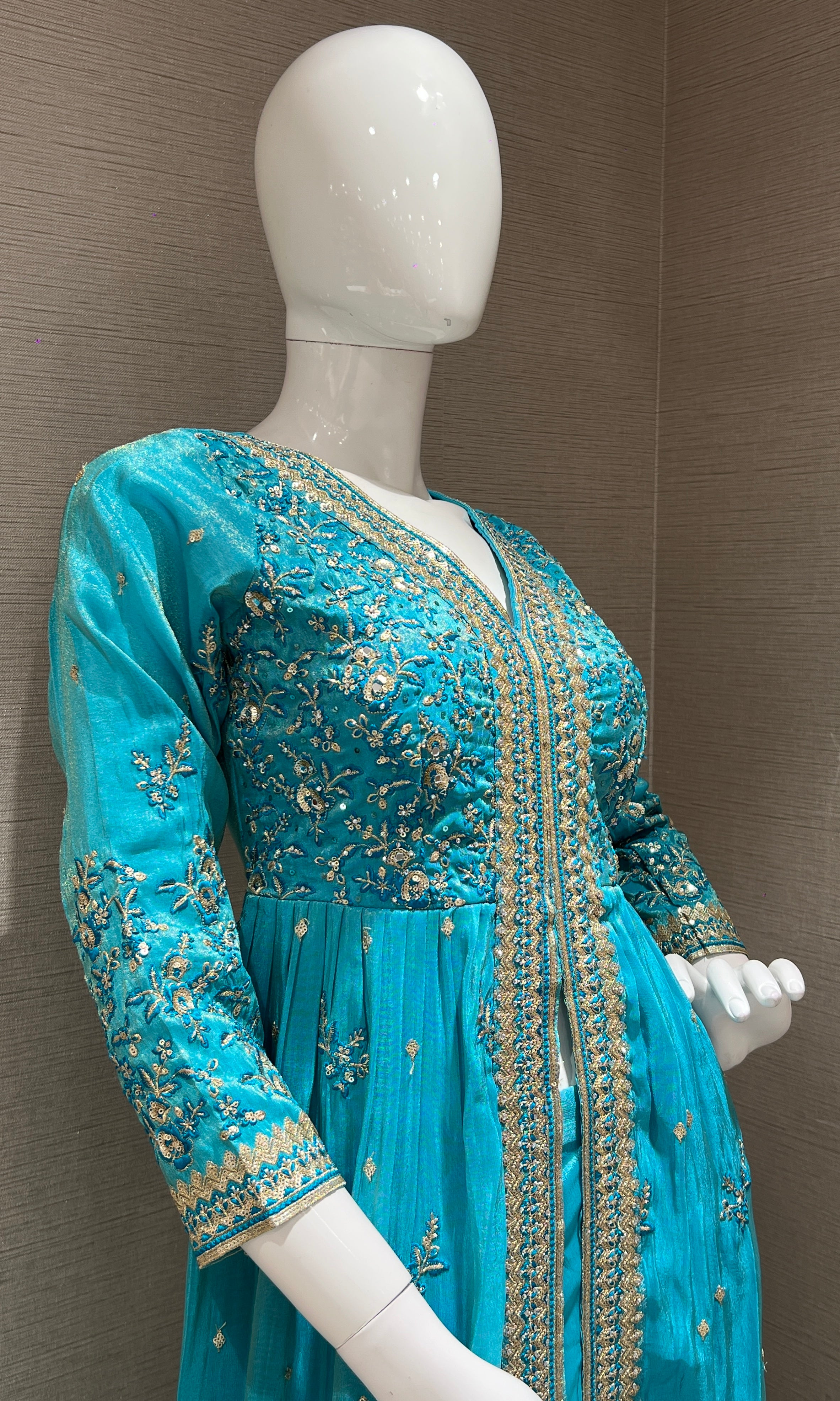 Sea Blue Front Slit Anarkali With Palazoo