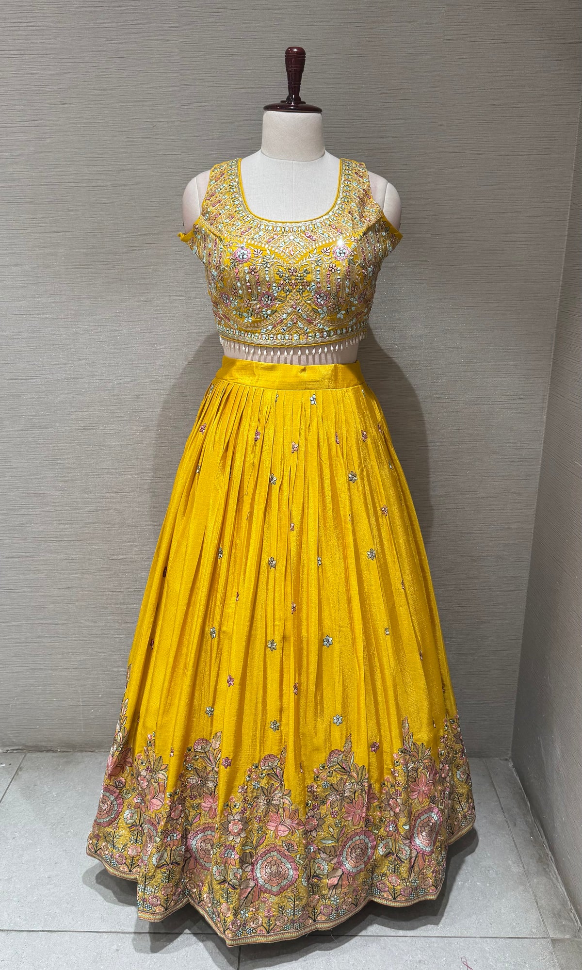 Yellow tissue silk Lehenga Set with Intricate Floral Embroidery