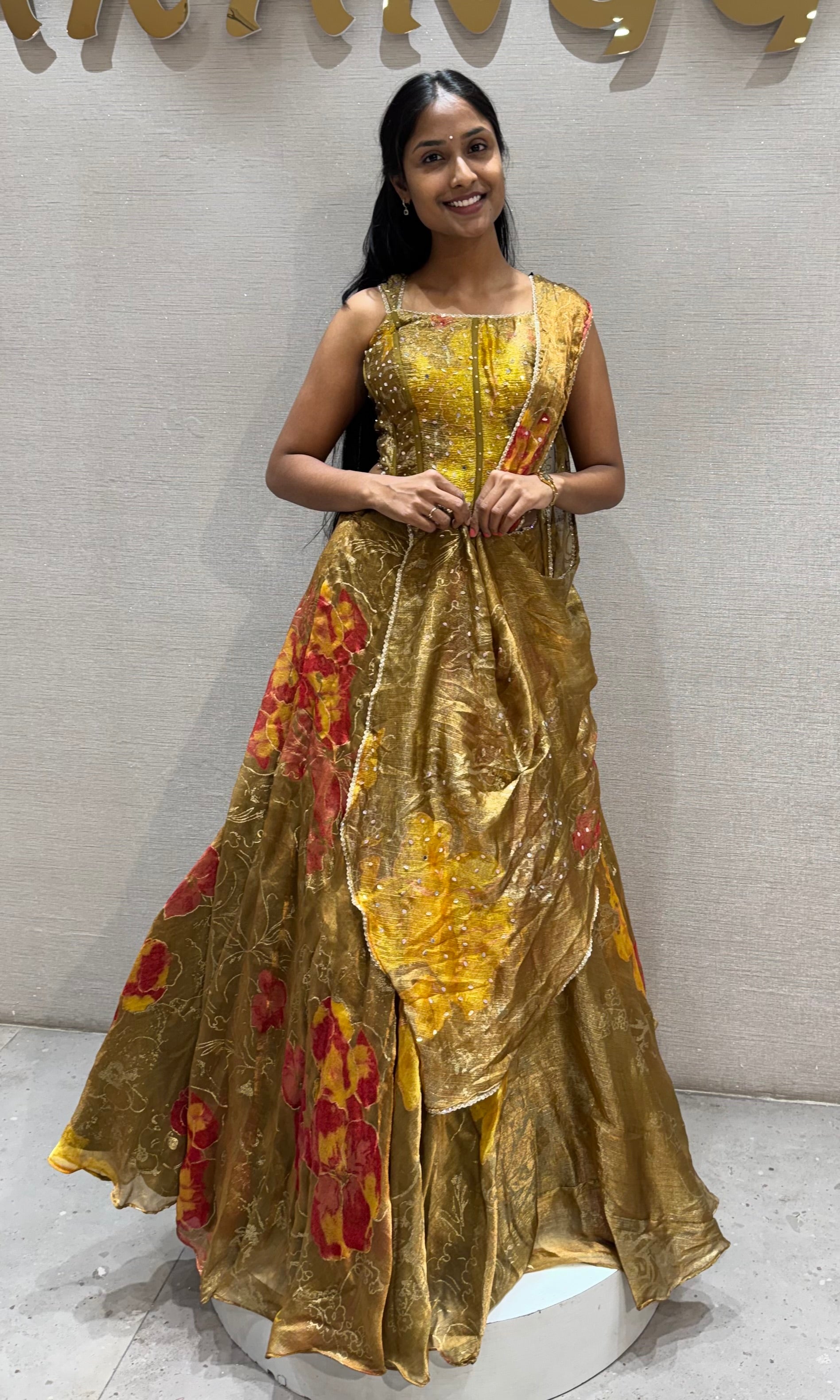 Golden Green Shimmering Organza Lehenga set