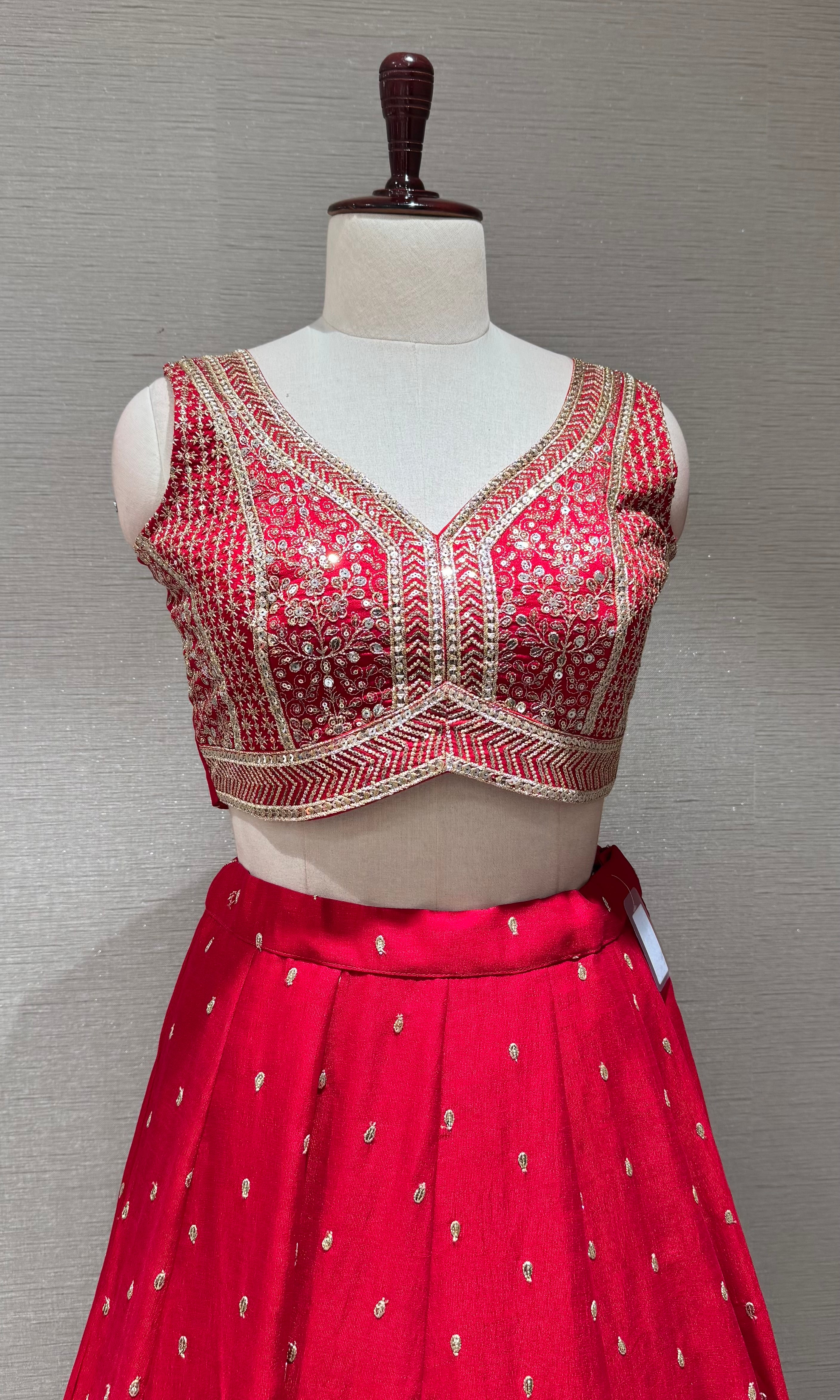 Red Silk Lehenga set with Gold Border