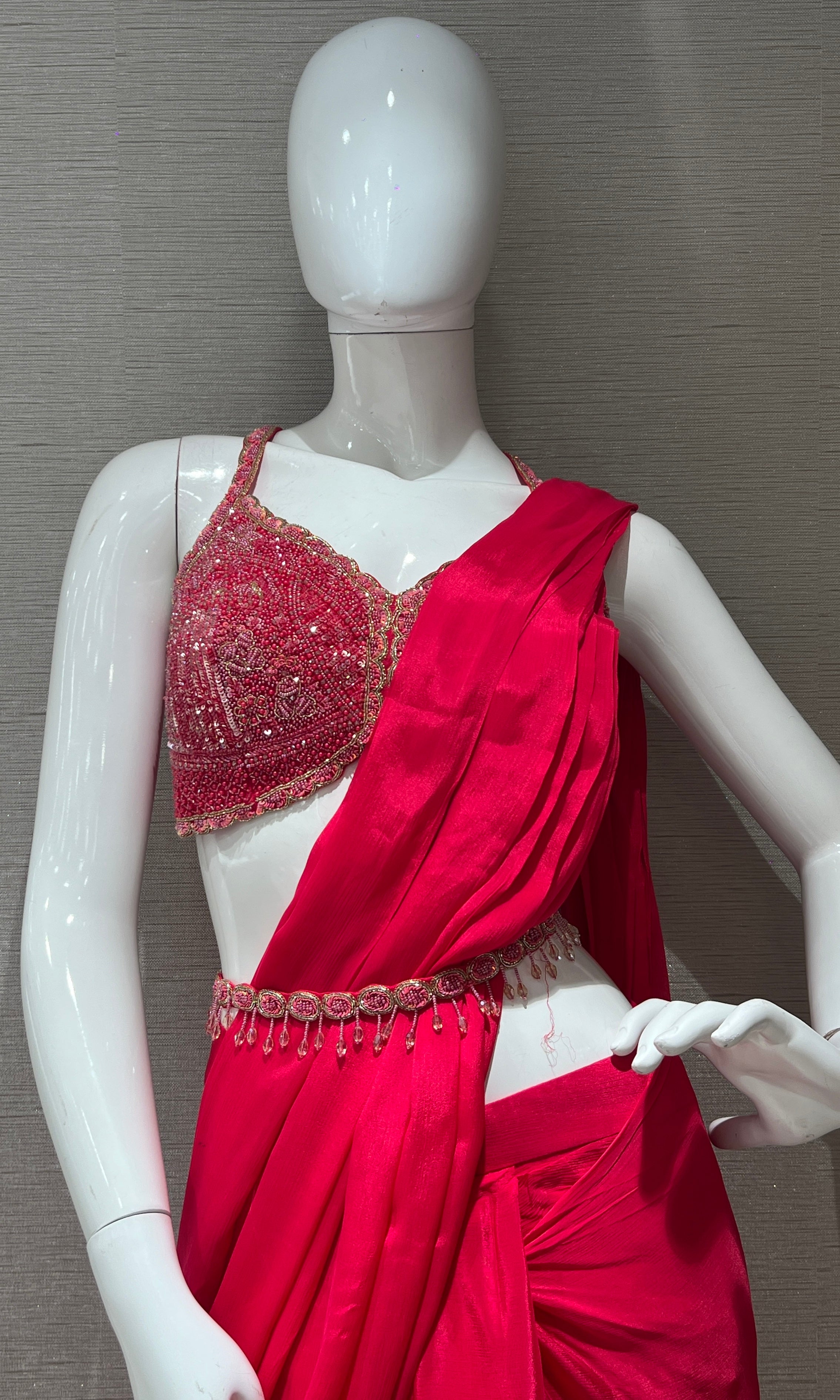 Rani Pink Ruffle drape saree with embroidered blouse