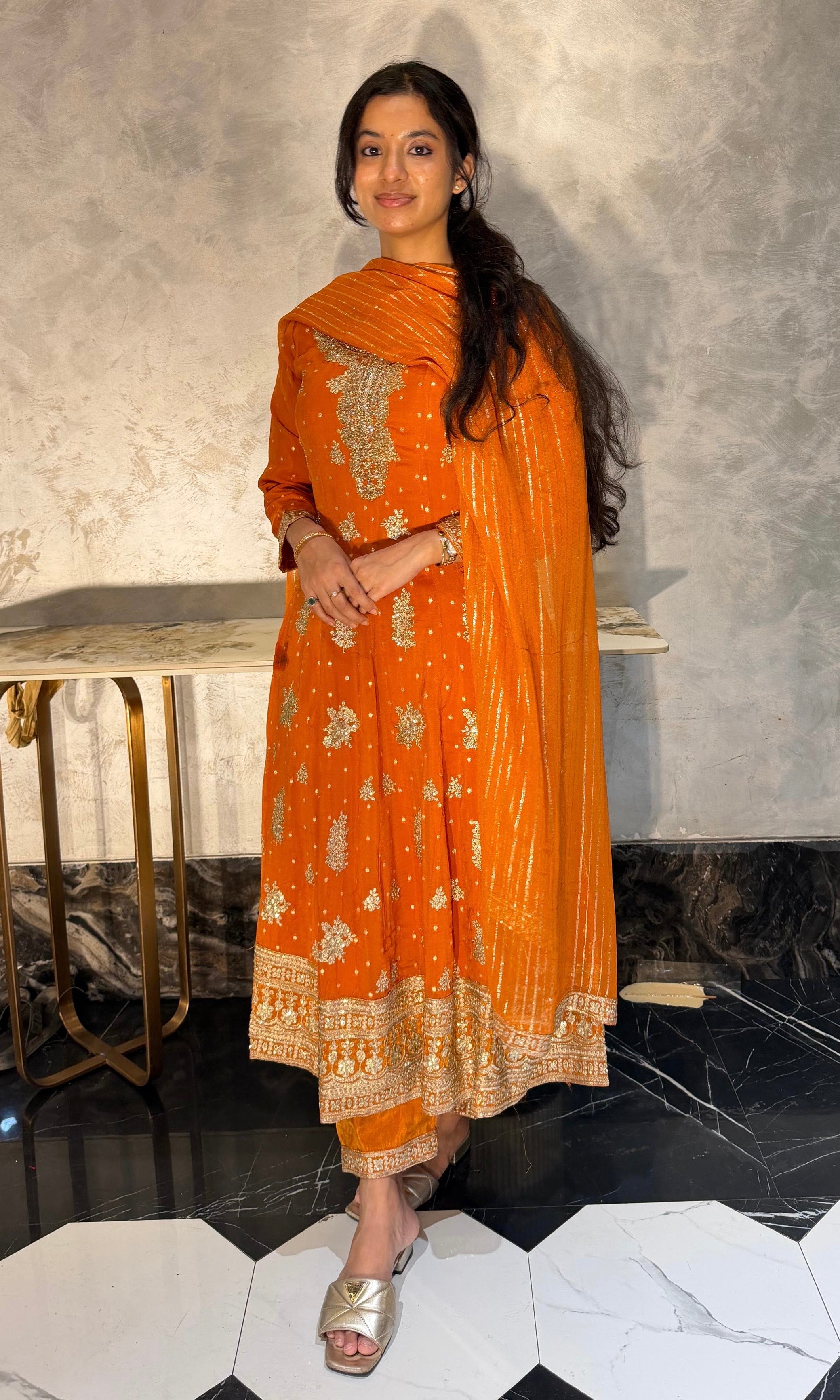 RUST Gold Embroidered Anarkali set