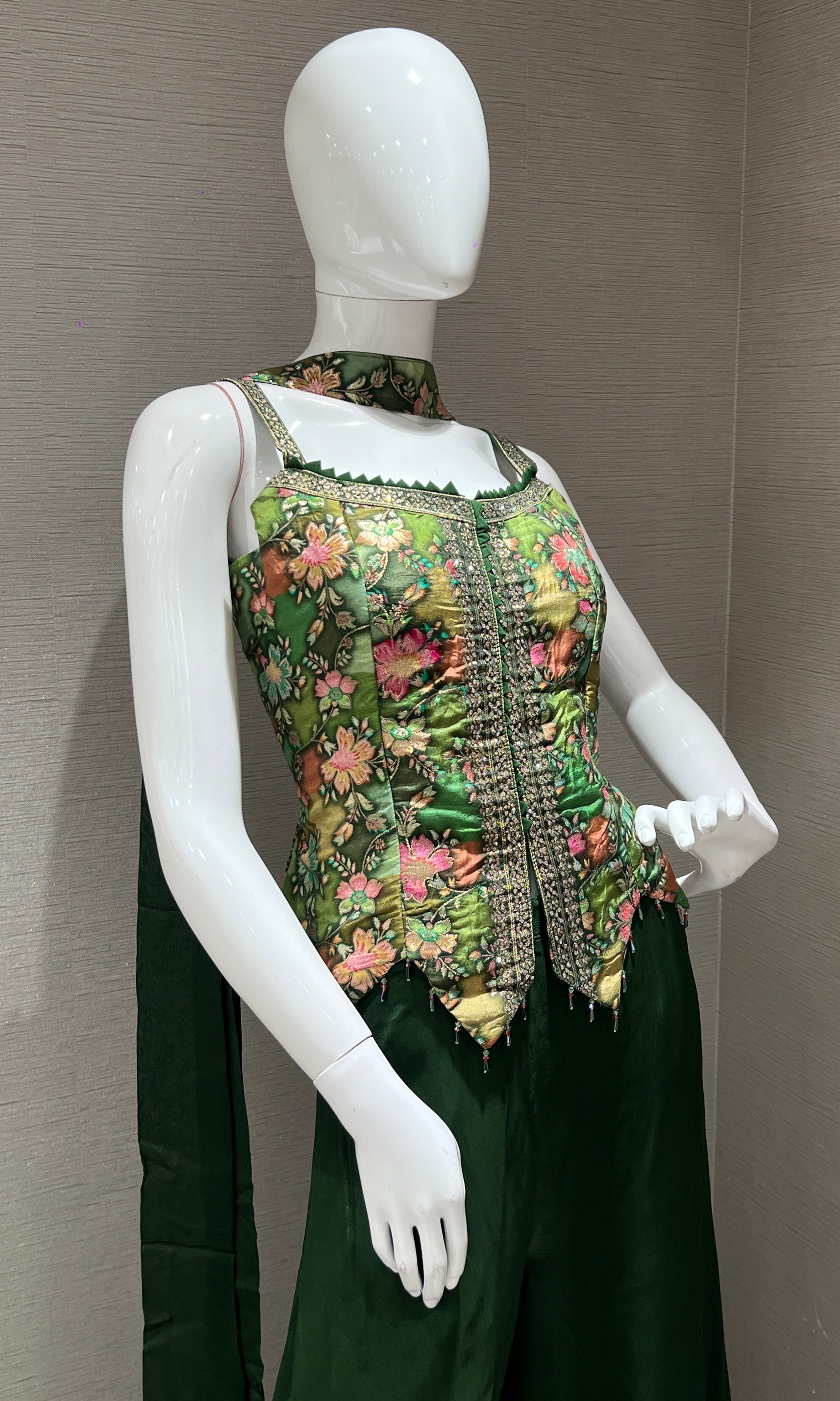 Green Floral Peplum Top with Palazzo Set