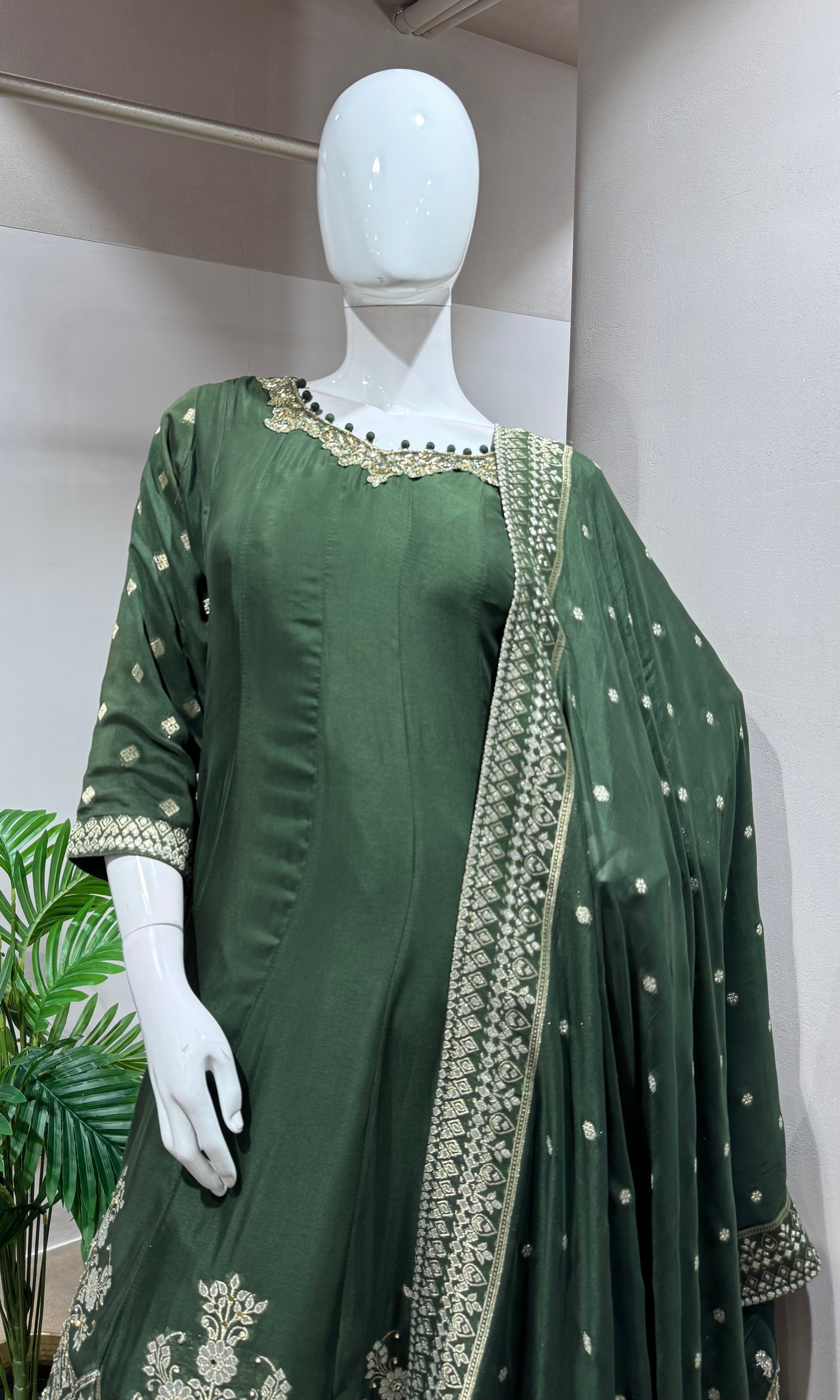 BOTTLE GREEN ANARKALI WITH Palazzo PANTS