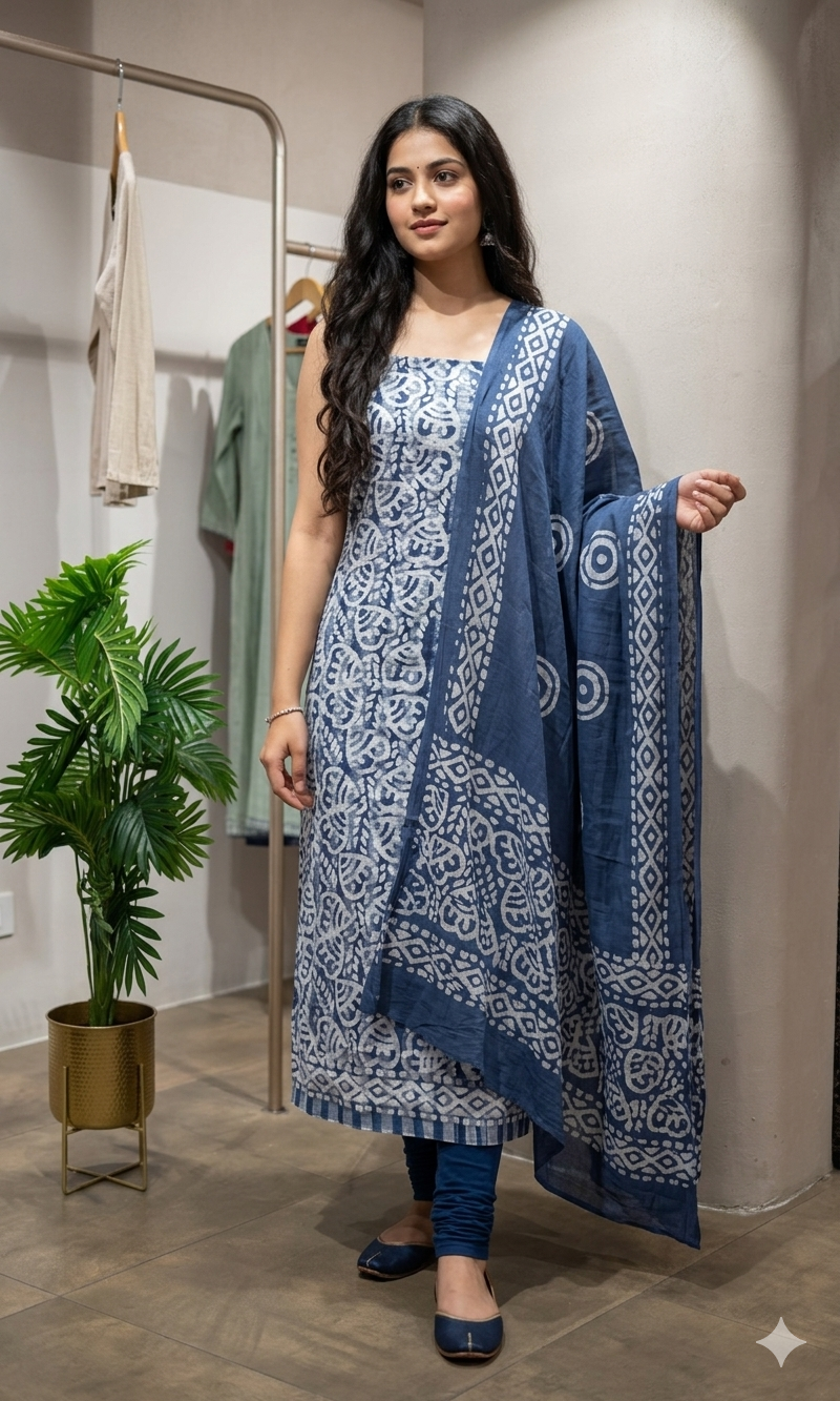 BLUE ETHNIC PRINTED DRESS MATERIAL