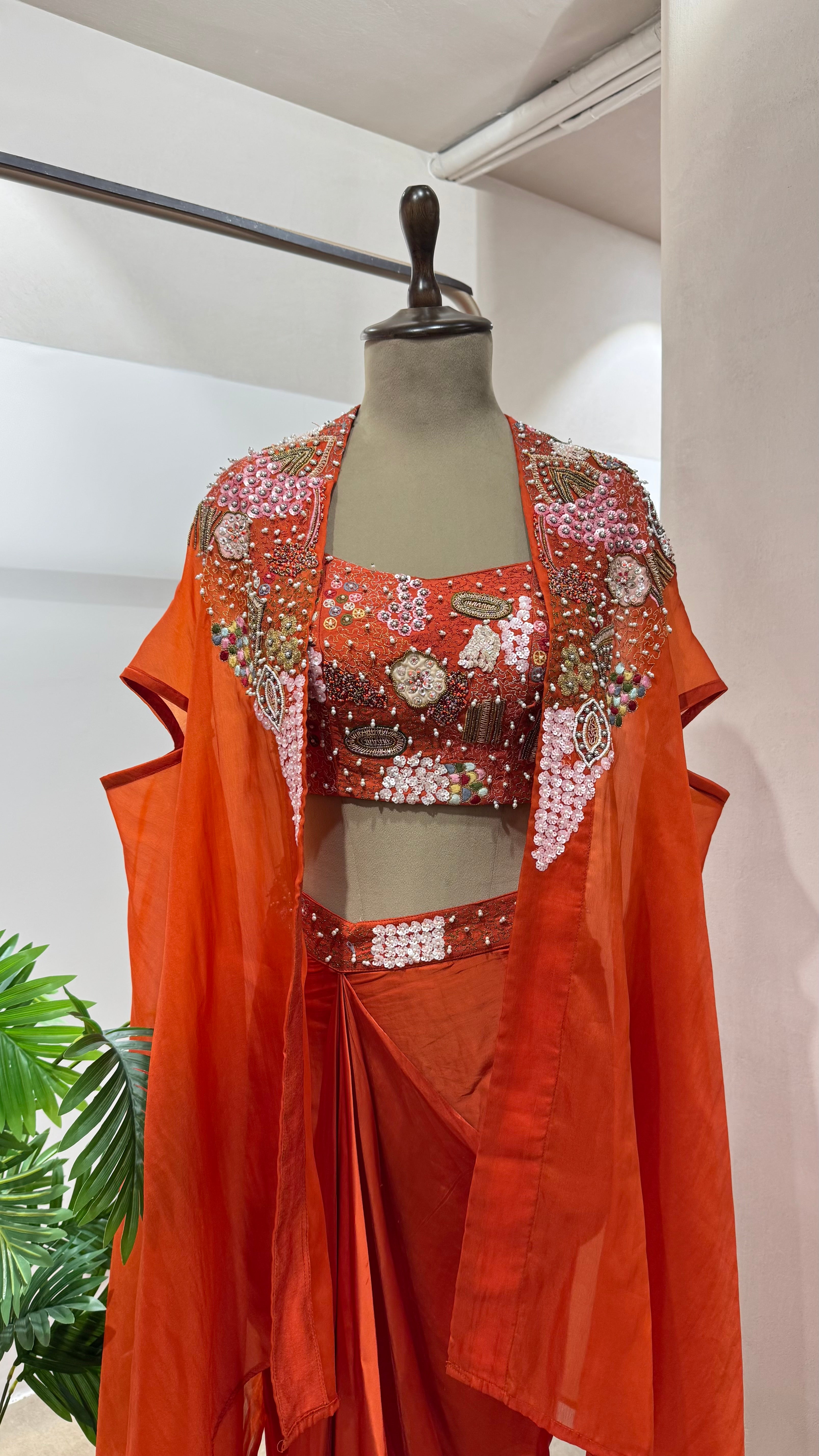 Rust FLORAL BLOUSE WITH SKIRT AND CAPE