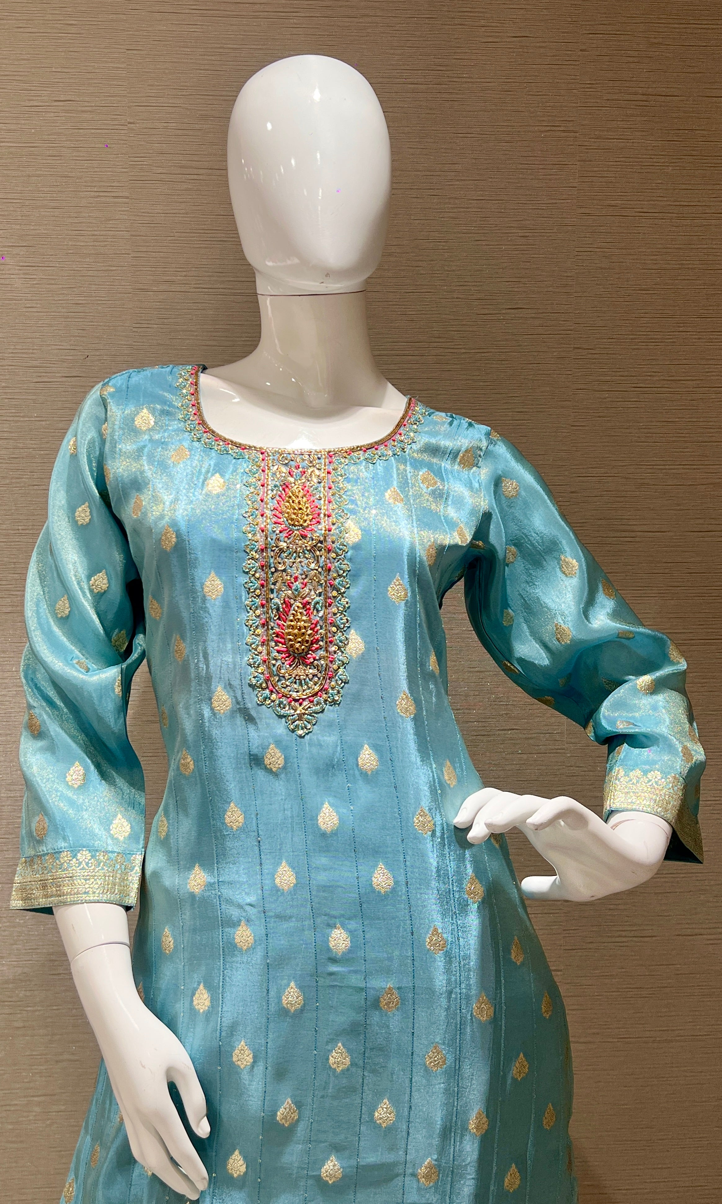 Aqua Bloom Embroidered Suit Set