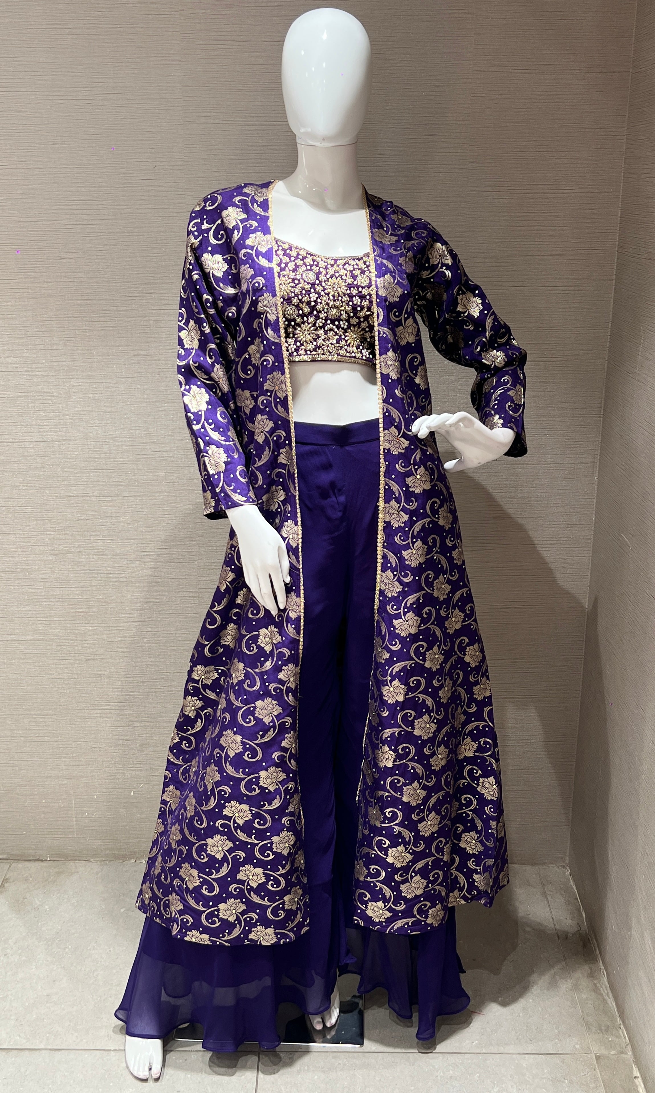 Purple Embroidered Palazzo with long jacket